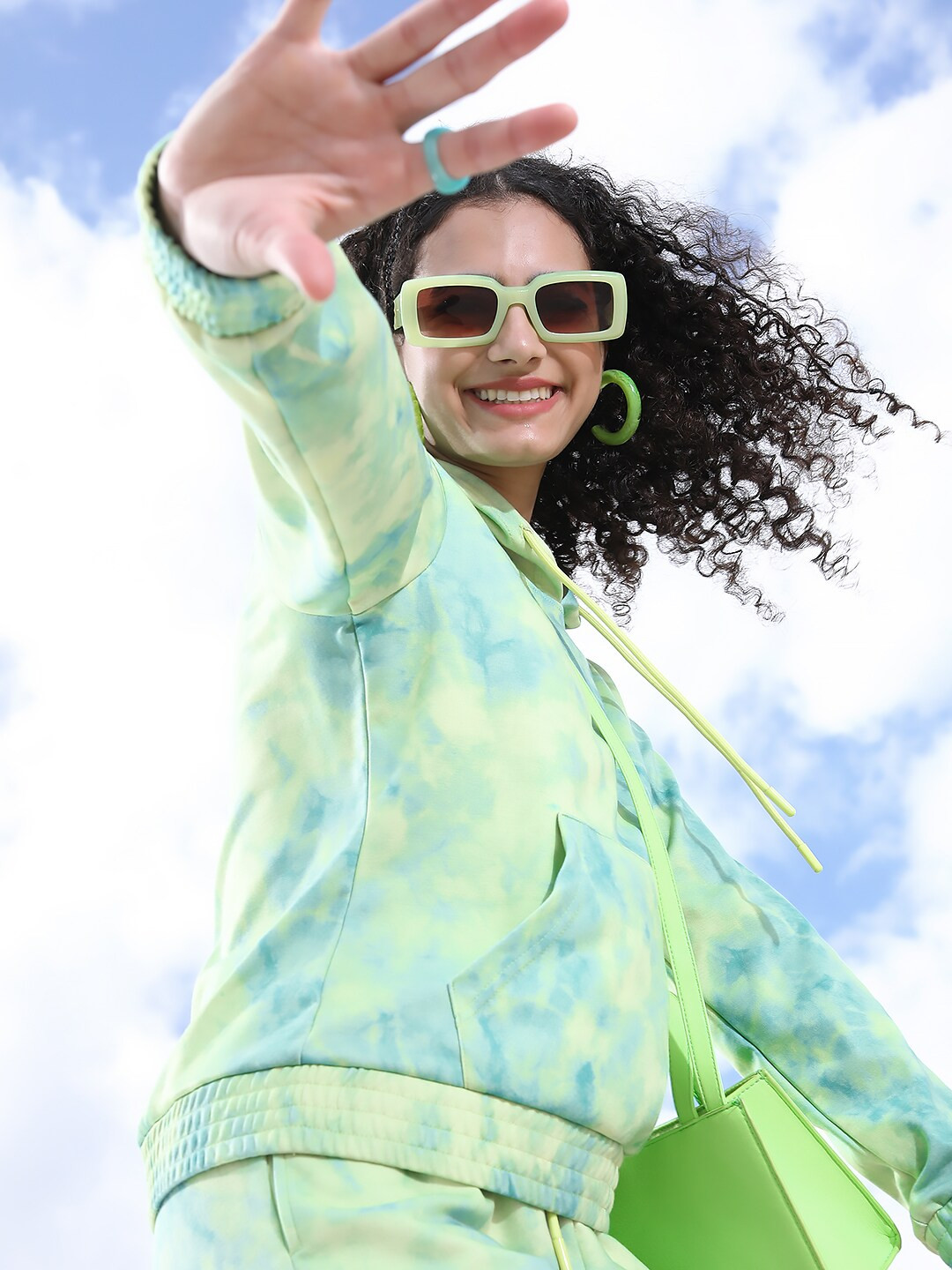 Tokyo Talkies Womens Blue Lime Green Tie & Dye Printed Hooded Sweatshirt