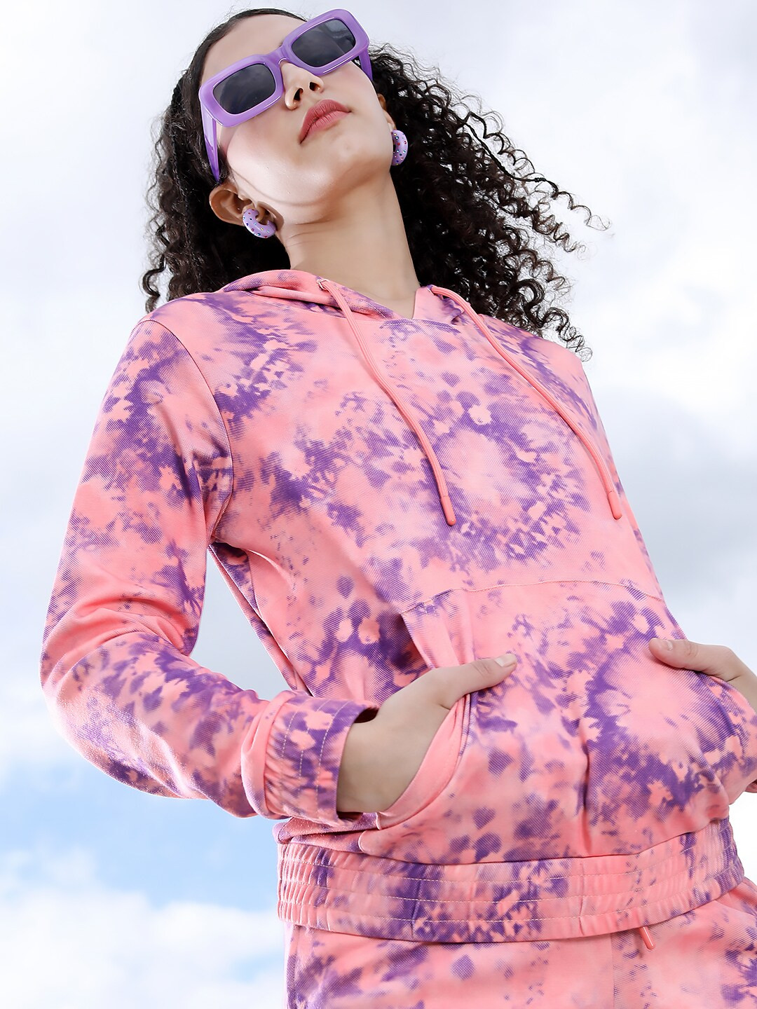 Tokyo Talkies Womens Pink & Purple Tie & Dye Printed Hooded Sweatshirt