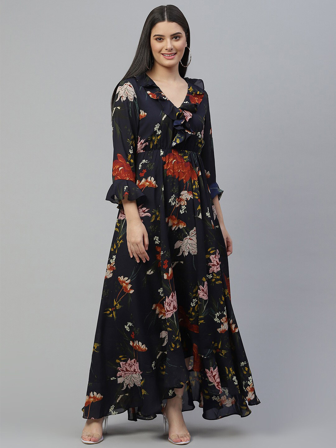 JUNE & HARRY Navy Blue Floral Georgette Maxi Dress