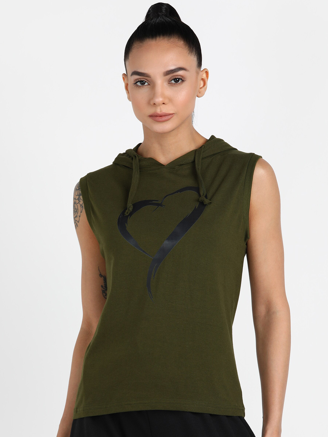 Rock Paper Scissors Women Olive Green Printed Pure Cotton Hooded Tank Top