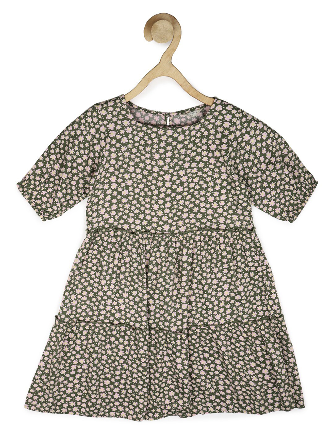 Peter England Girls Olive Green Floral A-Line Dress