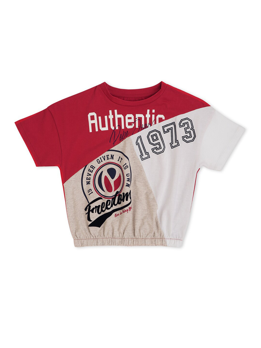 Pepe Jeans Girls Red & Off White Printed Cotton Oversized T-shirt