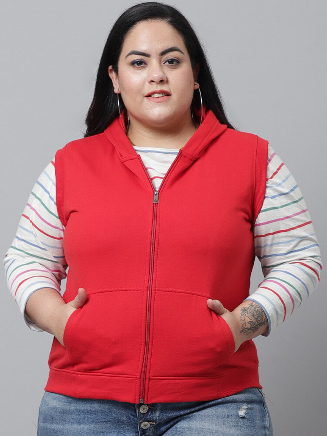 UnaOne Women Red Outdoor Fleece Hooded Bomber Jacket
