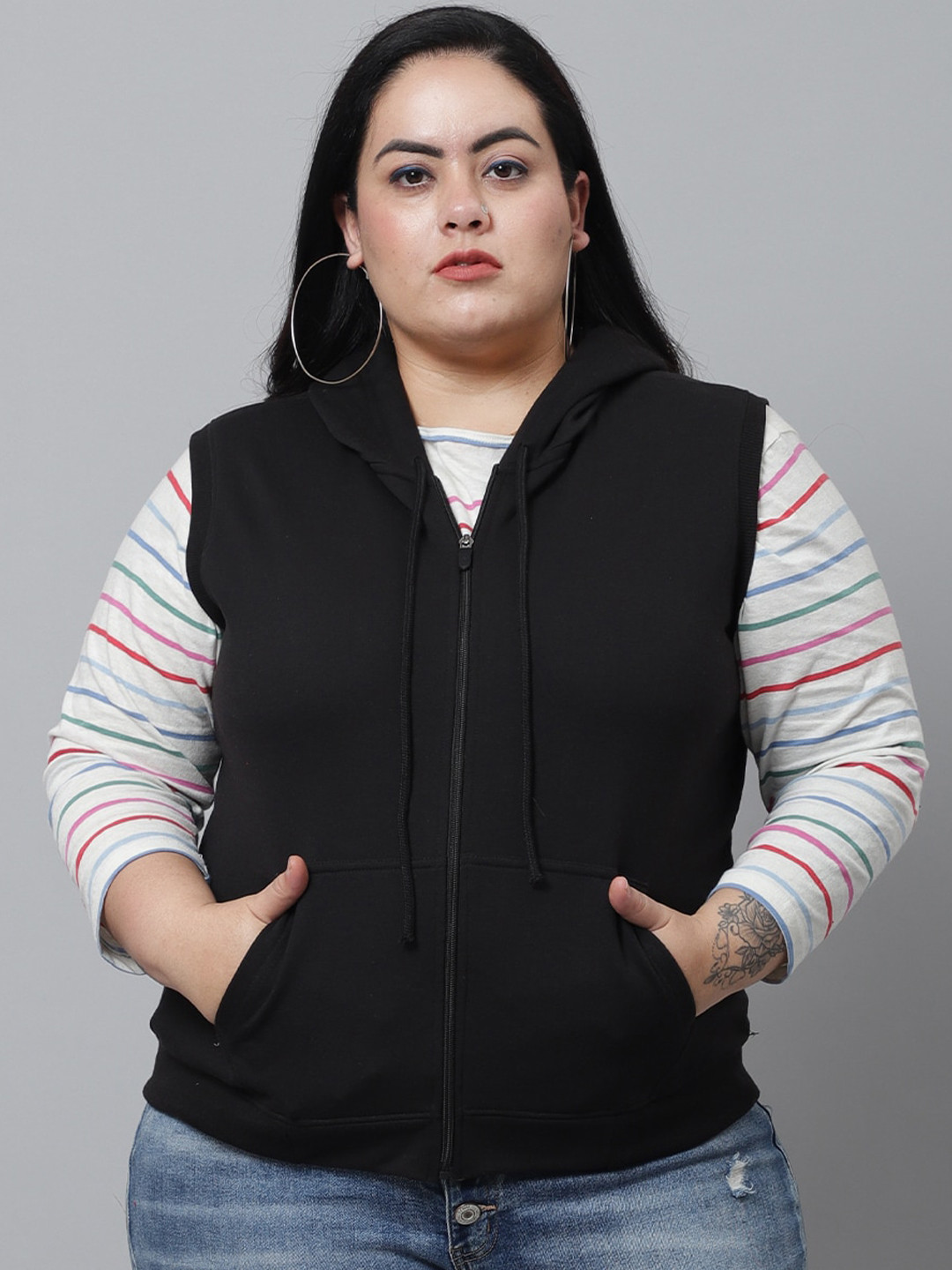 UnaOne Women Black Outdoor Fleece Hooded Jacket