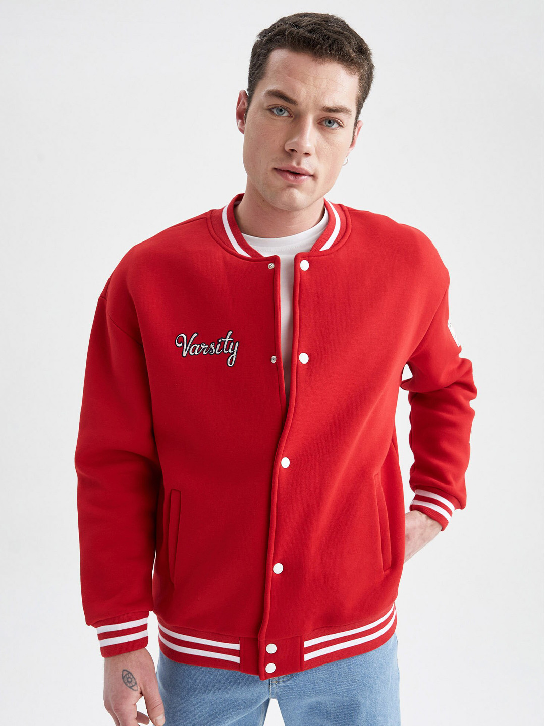 DeFacto Men Red & White Cotton Cardigan