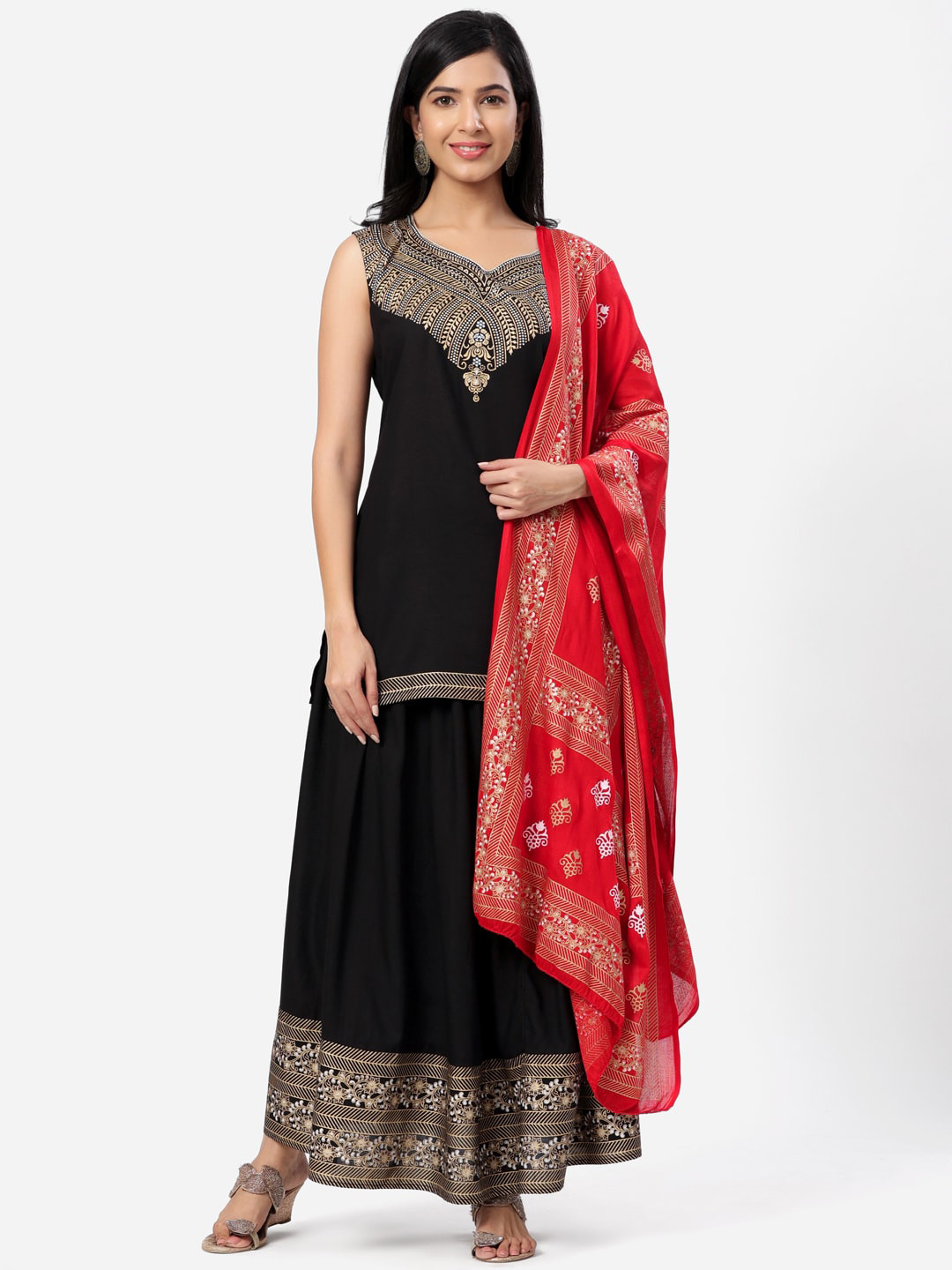 SBR BABA KURTI Women Black Ethnic Motifs Yoke Design Kurta with Skirt & Dupatta