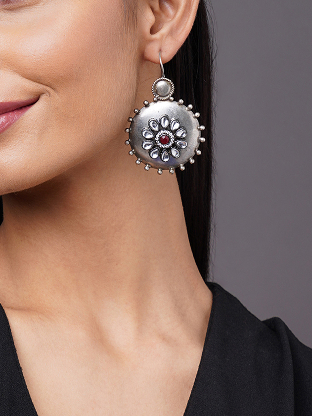 Binnis Wardrobe Pink & Silver-Plated Oxidised Circular Drop Earrings