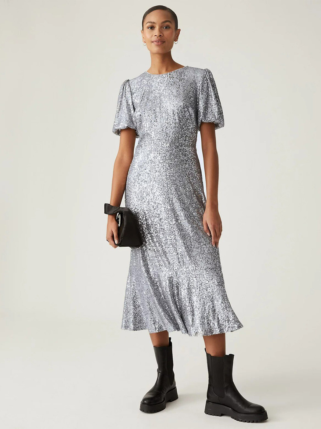 Marks & Spencer Women Silver-Toned A-Line Midi Dress