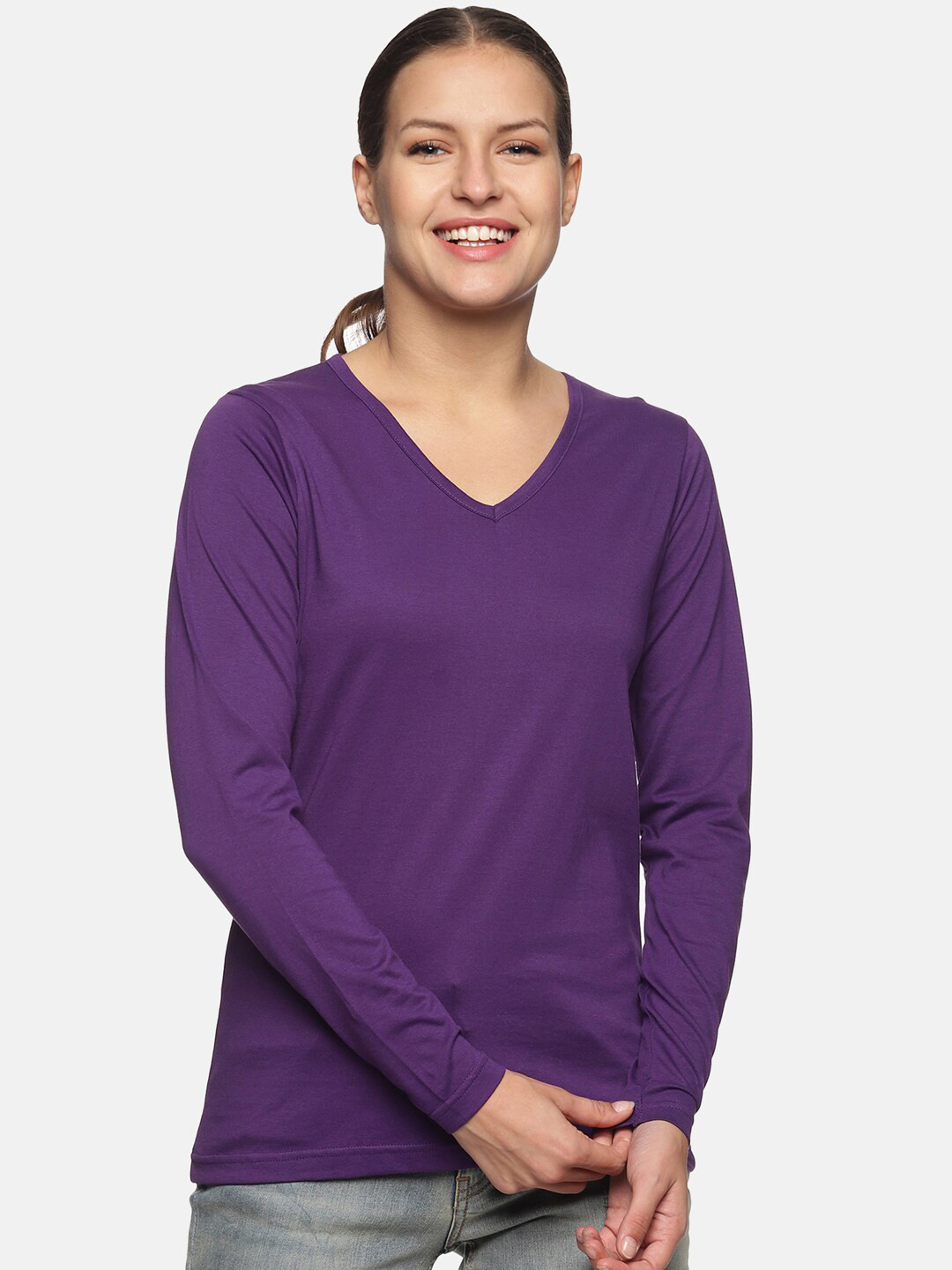 Trends Tower Women Purple V-Neck Pure Cotton T-shirt