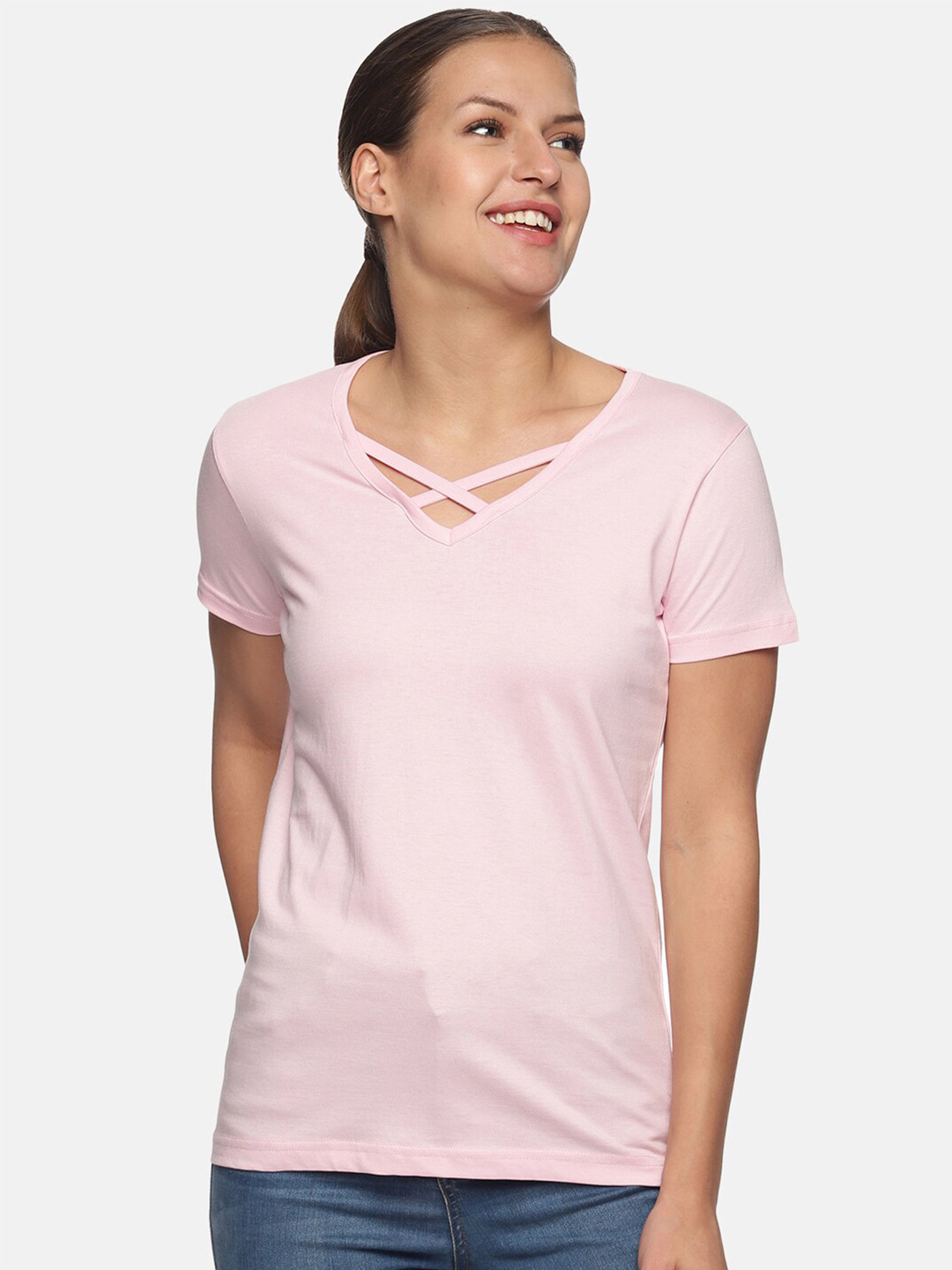 Trends Tower Women Pink V-Neck Pure Cotton T-shirt