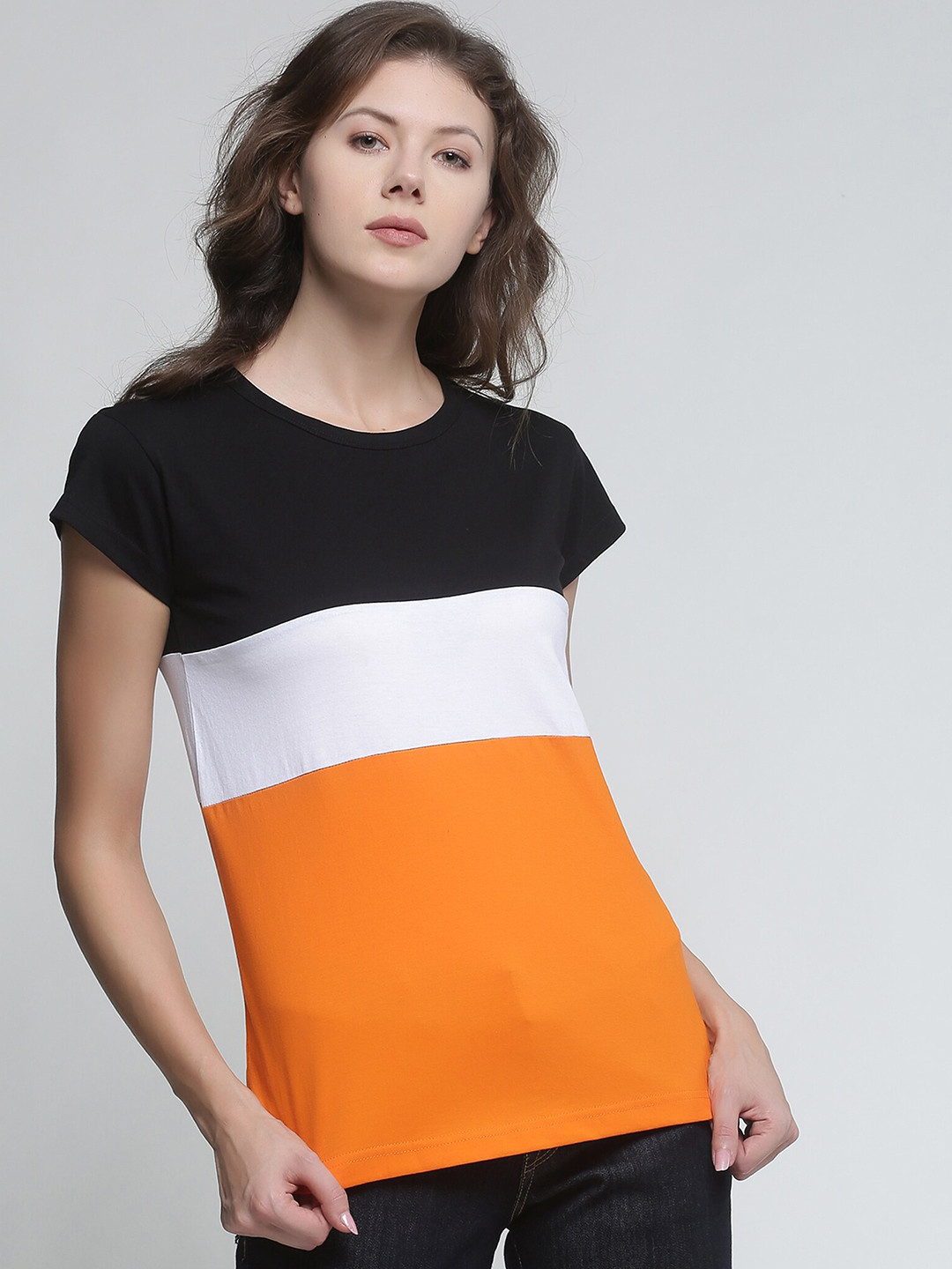 Trends Tower Women Orange & White Colourblocked Pure Cotton T-shirt