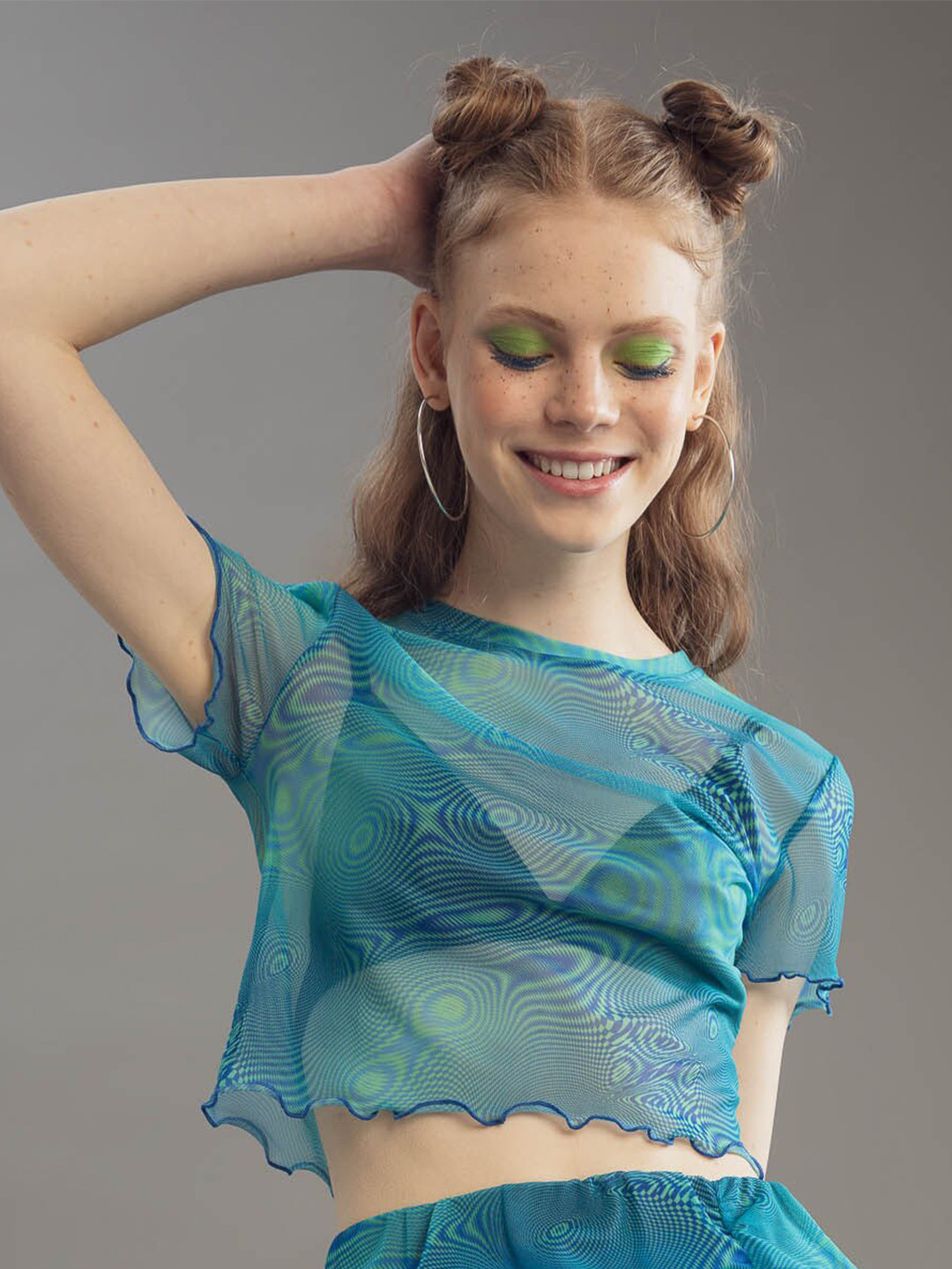 DeFacto Women Teal Self Design Sheer Crop Top