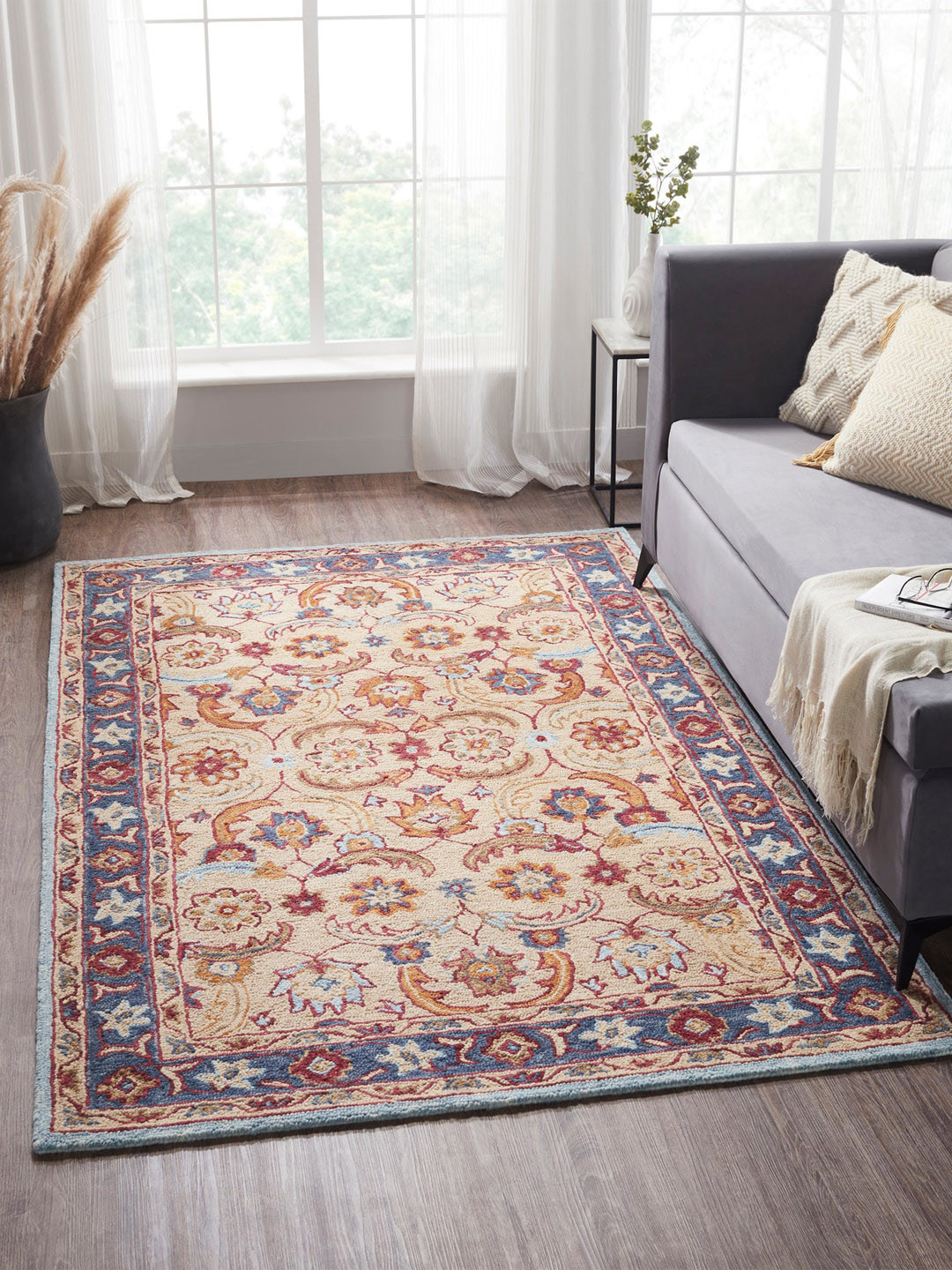 MYTRIDENT Indulgence Beige  Blue 2600 GSM Hand Tufted Pure Wool with Cotton Backing Rug