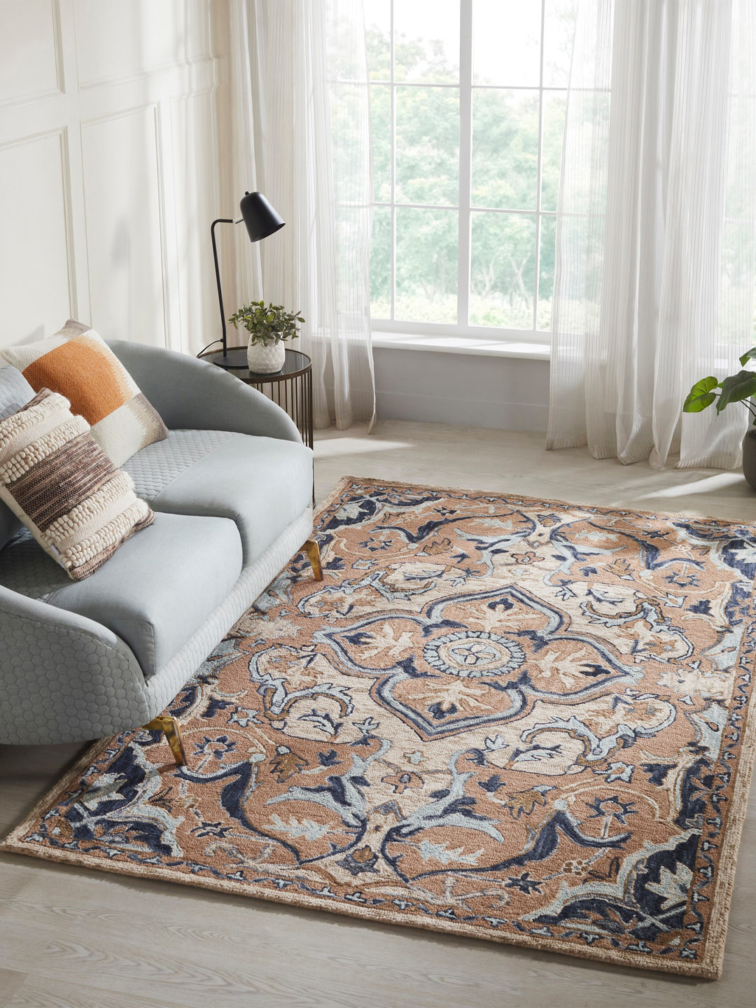 MYTRIDENT Indulgence Beige  Blue 2600 GSM Hand Tufted 100% Wool with Cotton Backing Rug