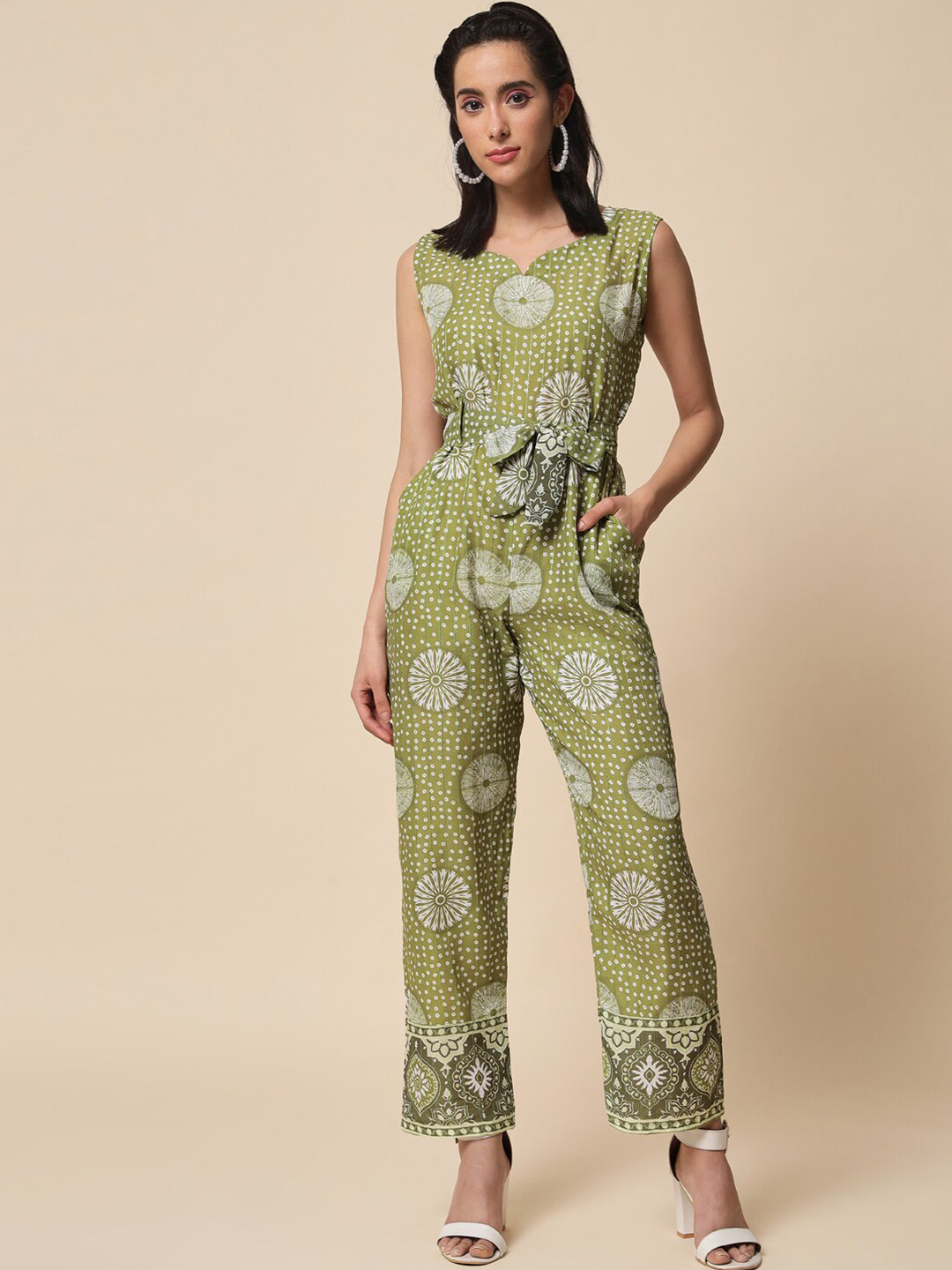heemara Sea Green & White Cotton Printed Basic Jumpsuit