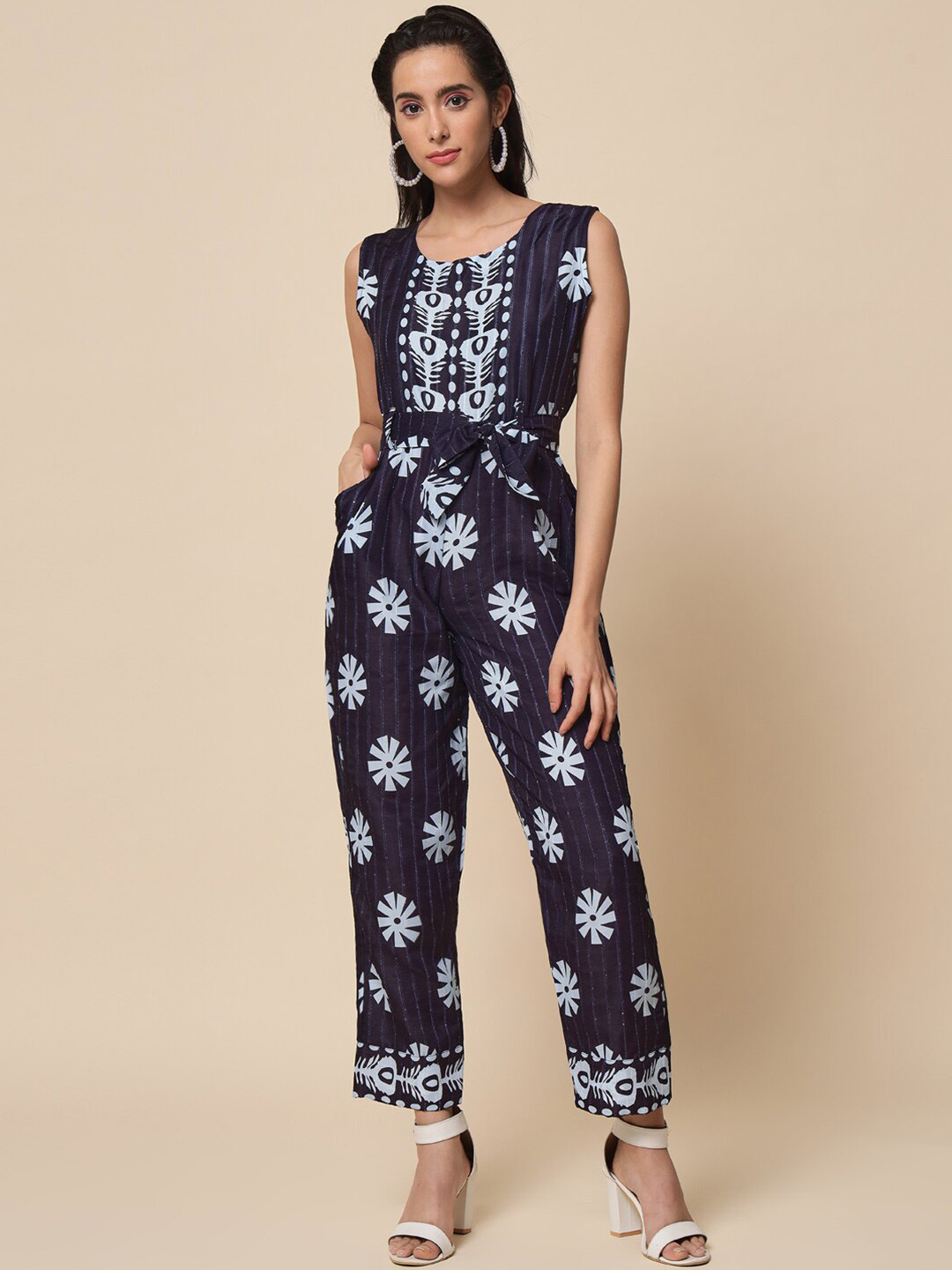 heemara Navy Blue & White Cotton Printed Basic Jumpsuit