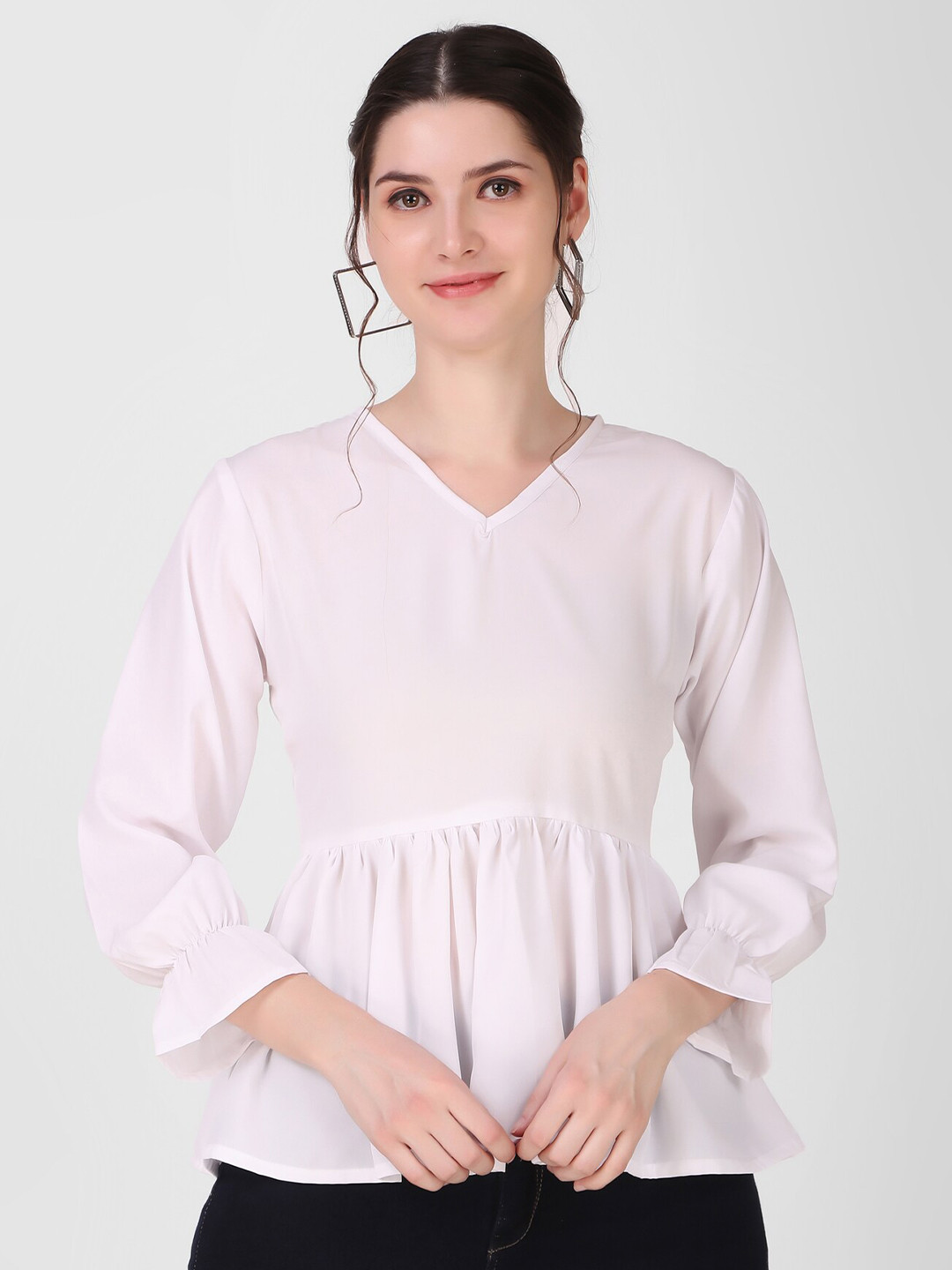 Womenster Women White Crepe Peplum Top