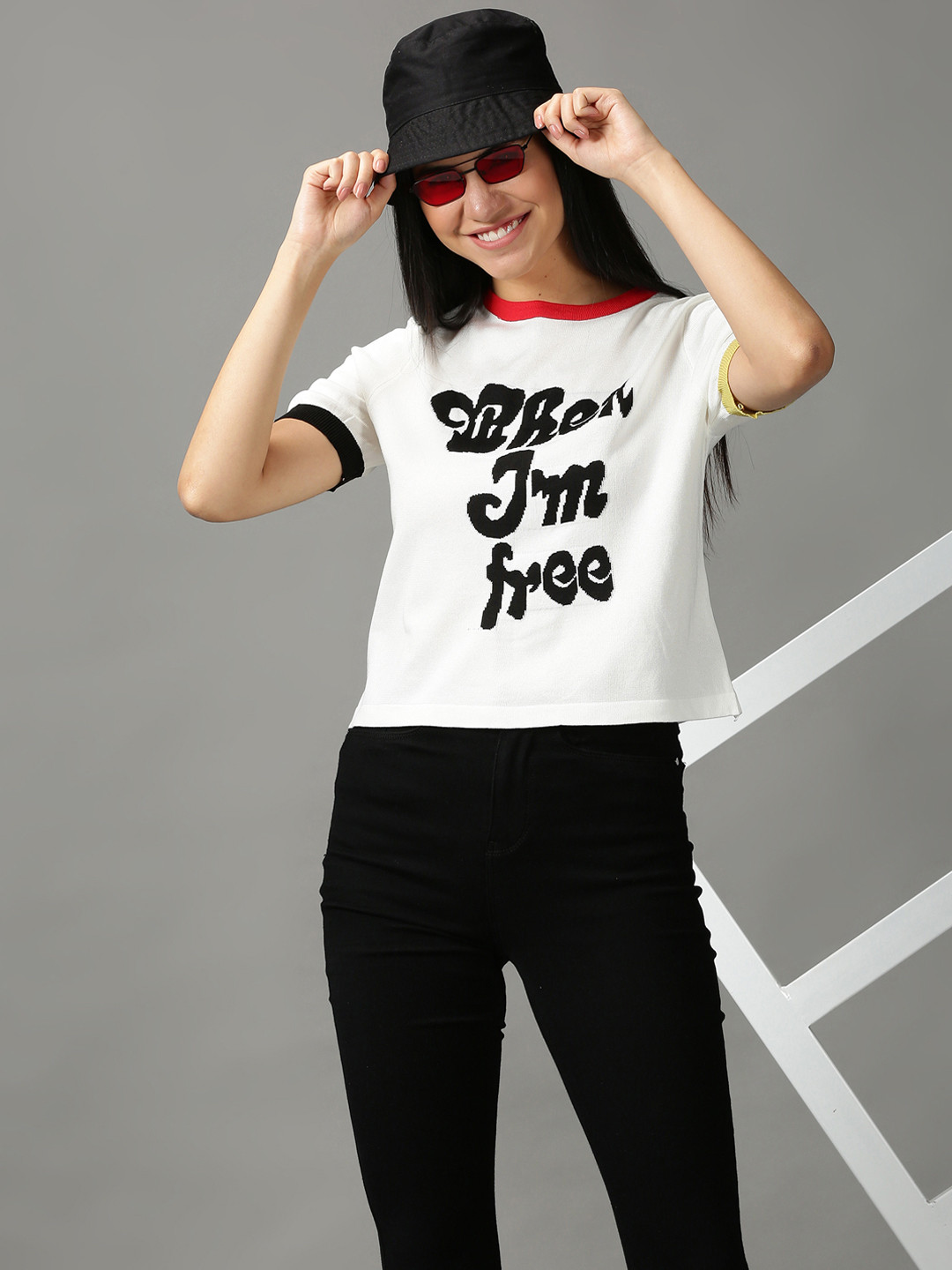 SHOWOFF Women White Acrylic Printed Boxy Top