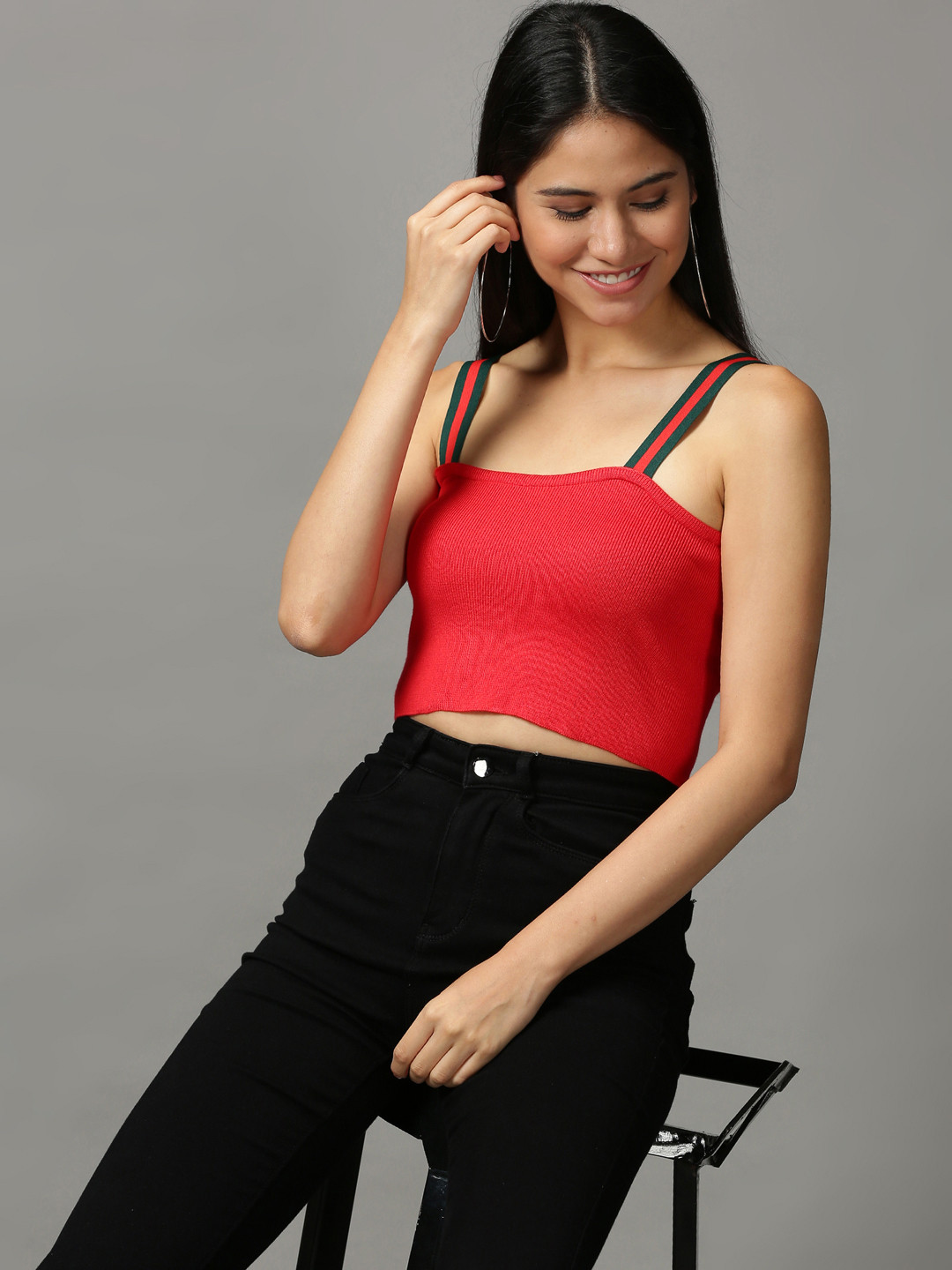 SHOWOFF Red Solid Crop Shoulder Straps Top