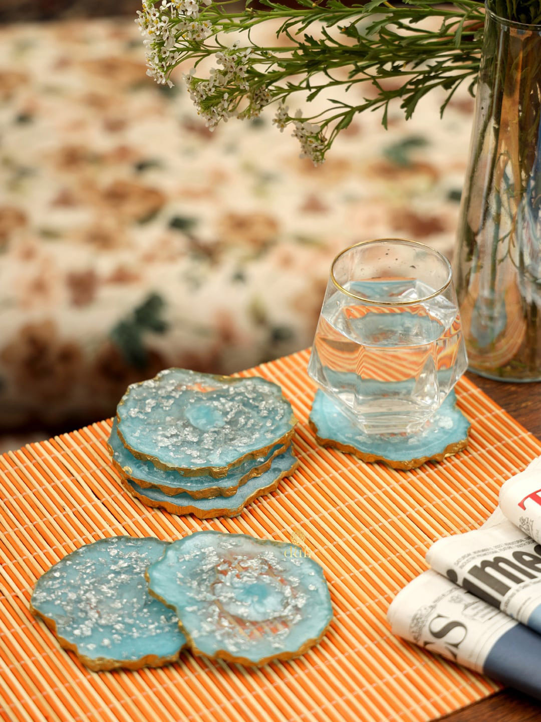 DULI Set of 6 Blue & Gold Self Design Resin Aqua Flakes Coasters
