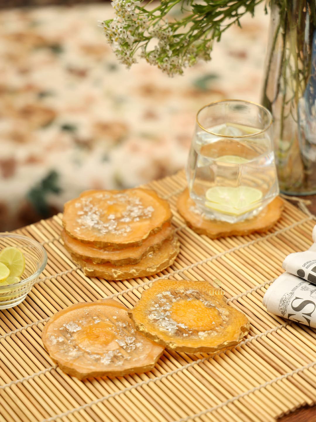 DULI Set Of 6 Mustard Yellow Flakes Textured Coasters