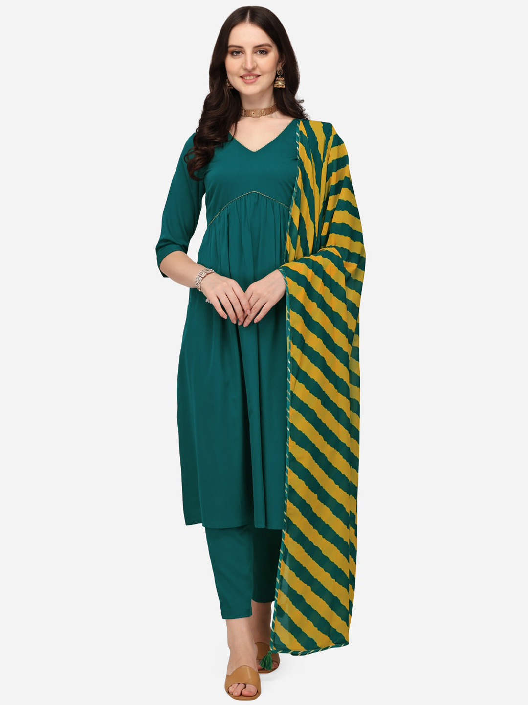 FIORRA Women Teal Empire Kurta with Trousers & With Dupatta