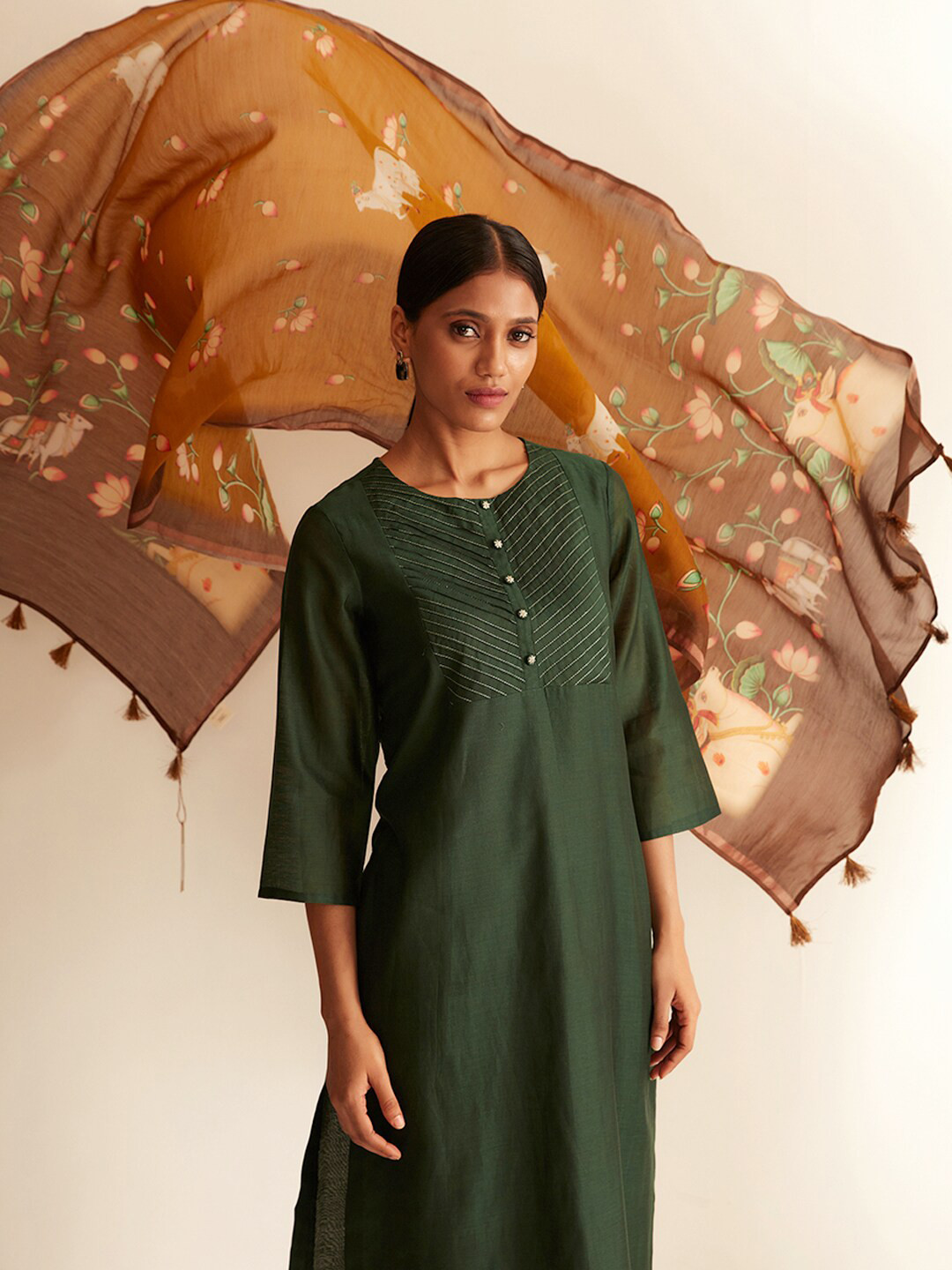 Ancestry Mustard & Green Printed Pure Silk Dupatta