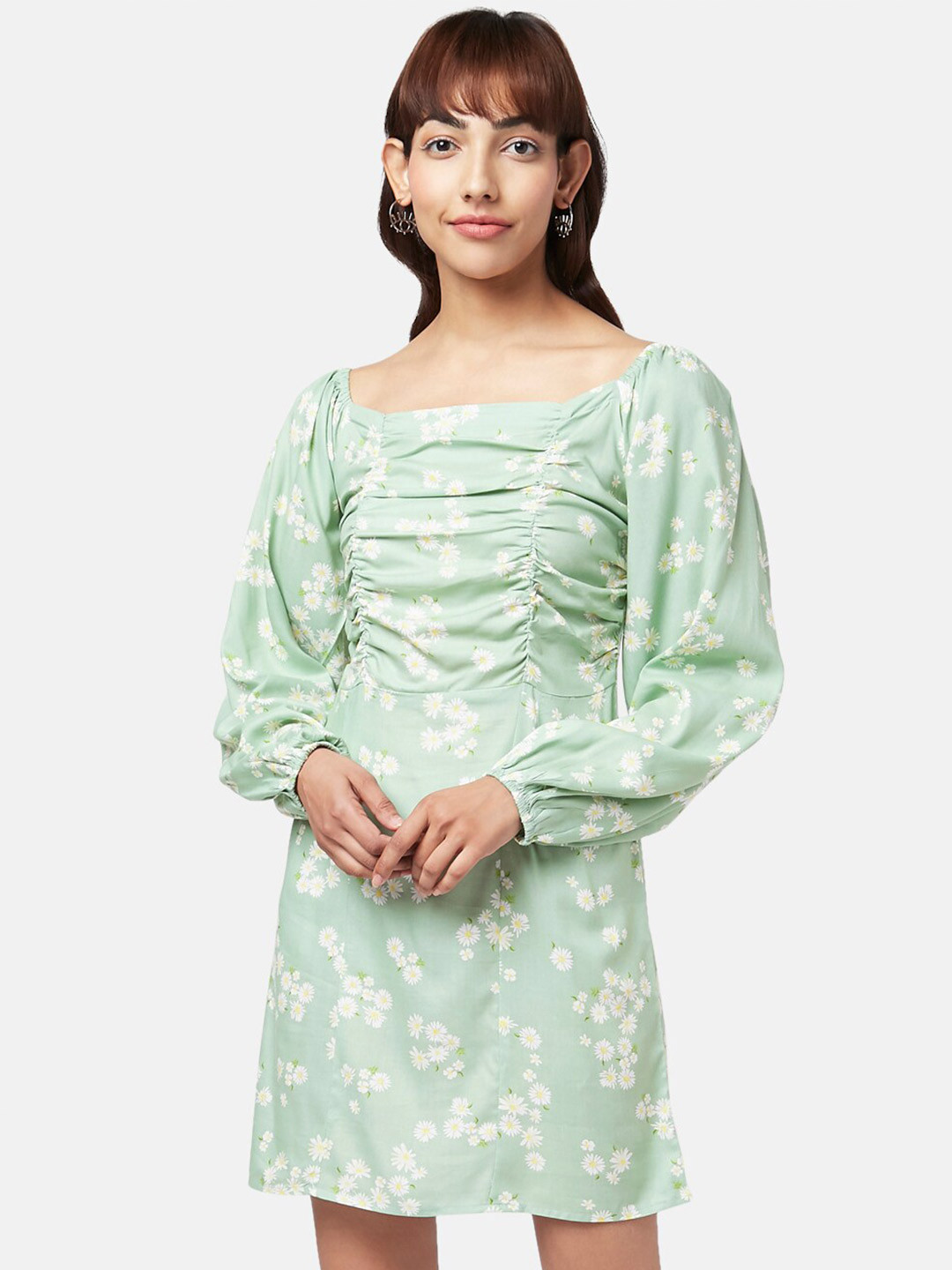 People Sea Green Floral Printed Ruched Sheath Dress