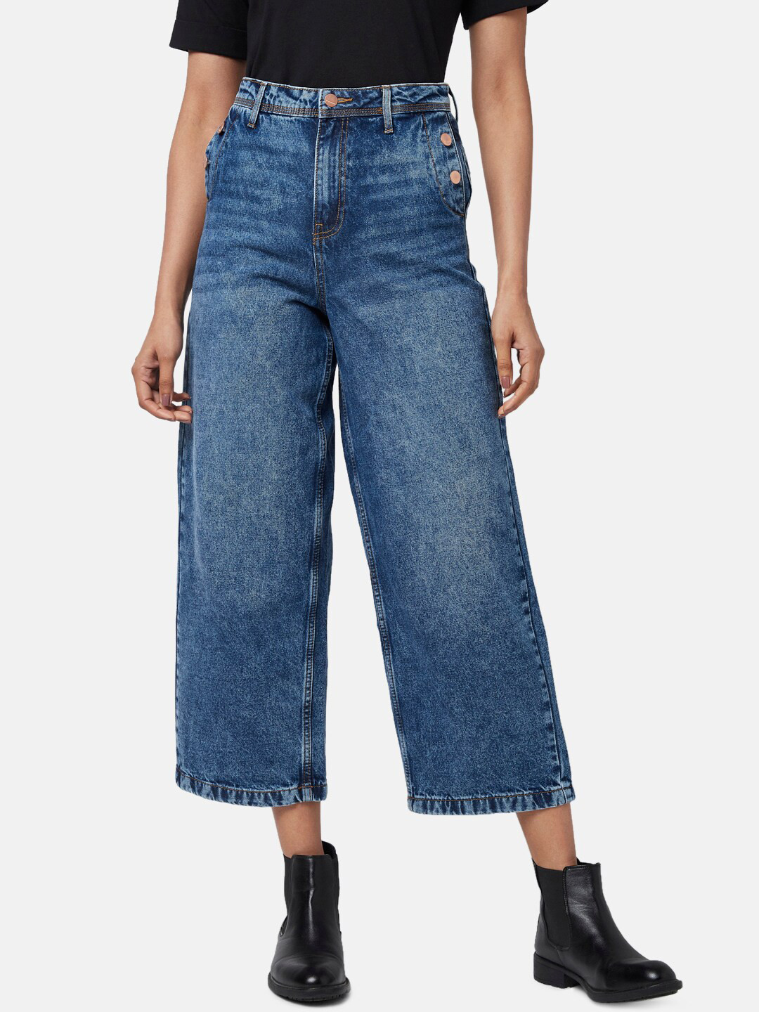 SF JEANS by Pantaloons Women Blue Wide Leg High-Rise Light Fade Cotton Jeans