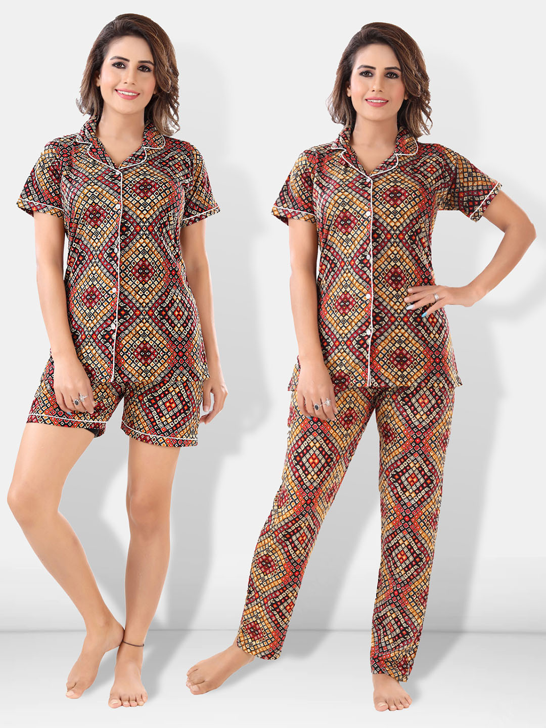 Be You Women Brown & Red Printed Pajama & Shorts with Shirt Night Suits