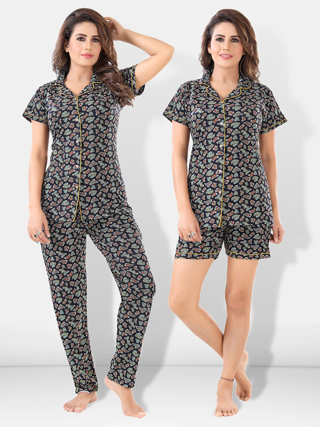 Be You Women Black & Blue Printed Pajama & Shorts with Shirt Night Suits