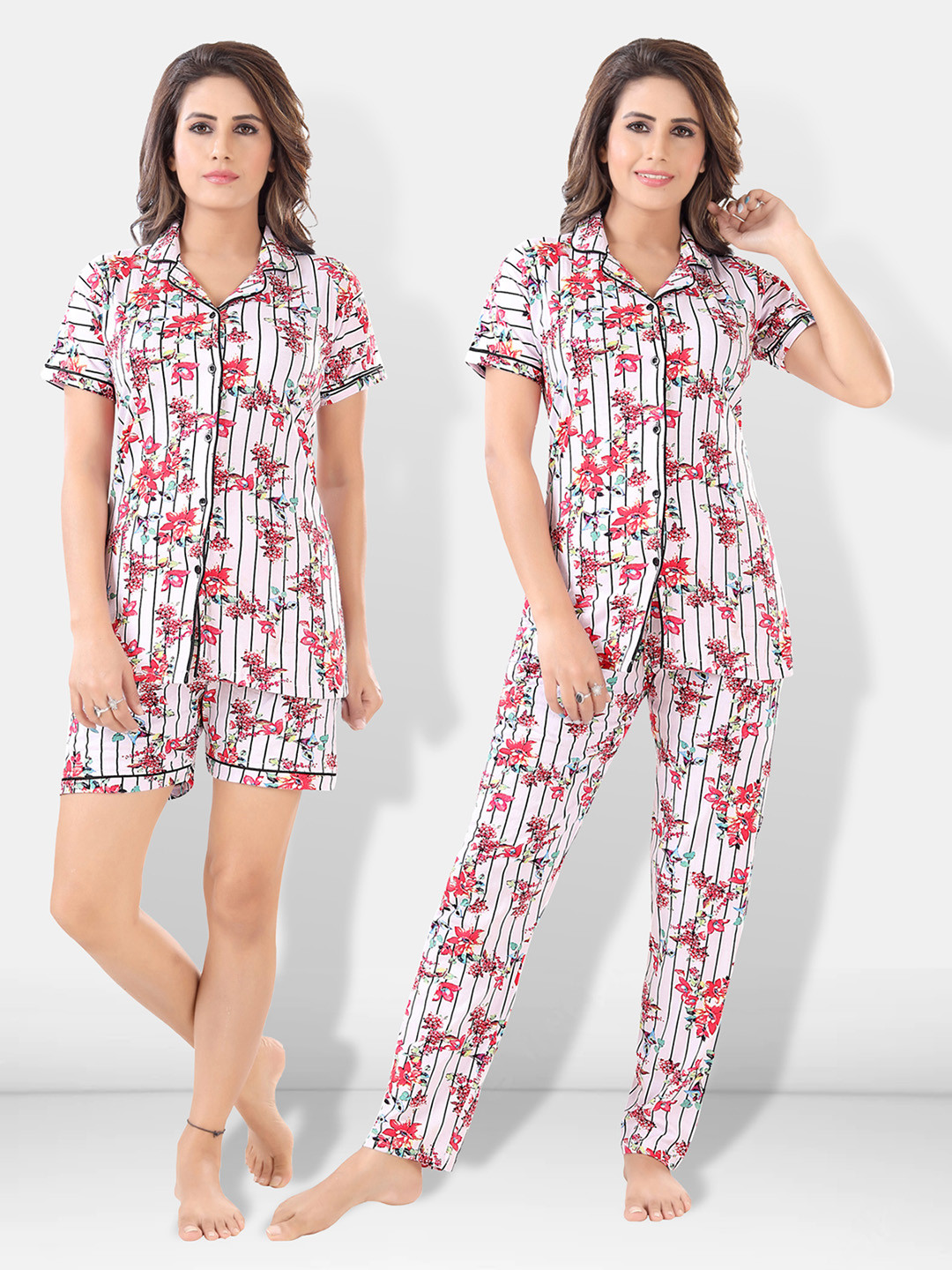 Be You Women White & Pink Printed Pajama & Shorts with Shirt Night Suits