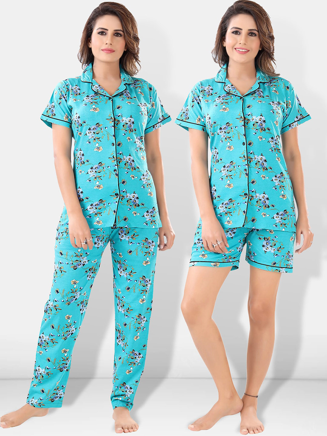 Be You Women Turquoise Blue & Green Printed Pajama & Shorts with Shirt Night Suits