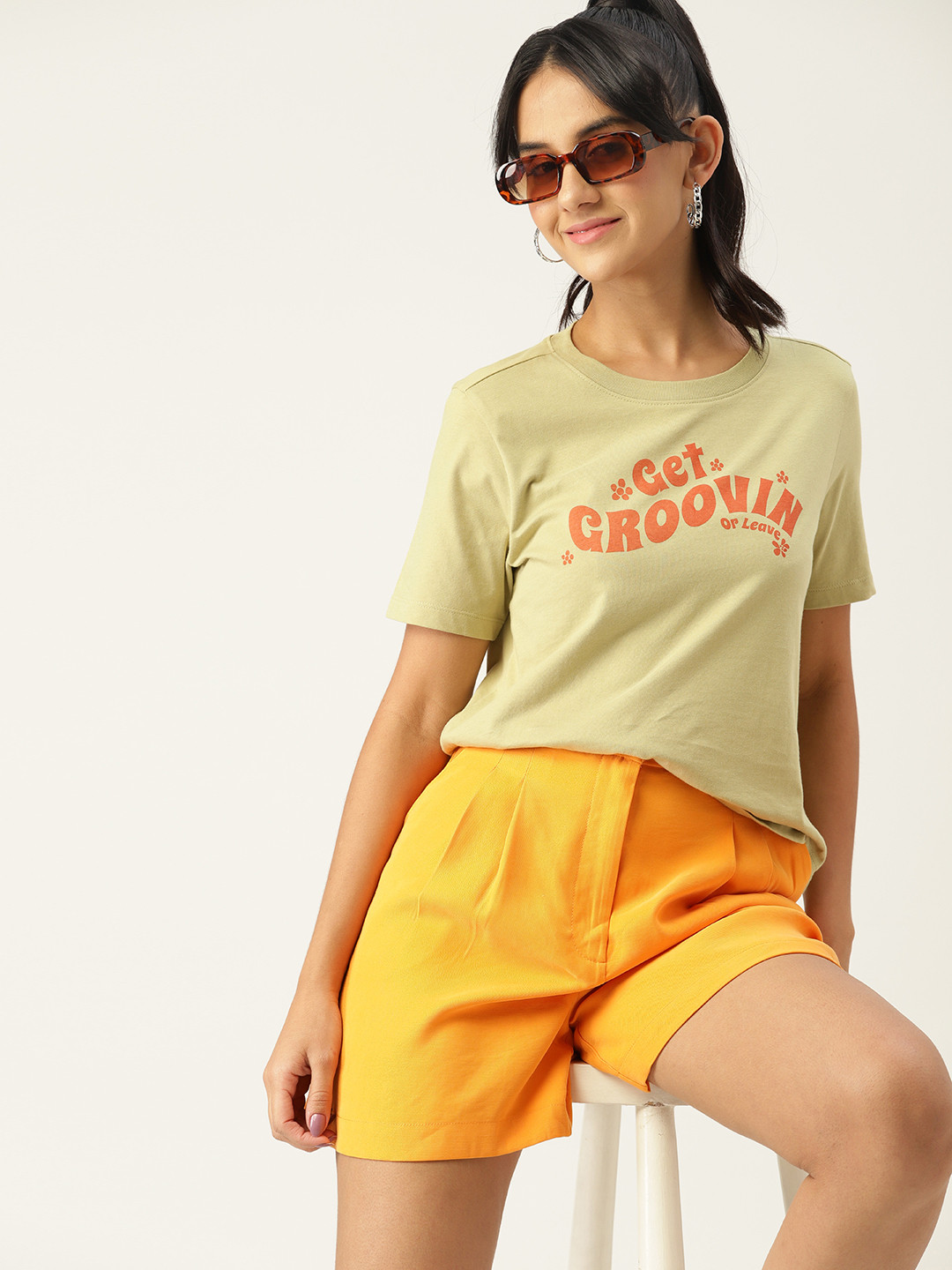 DressBerry Women Olive Green Printed T-shirt