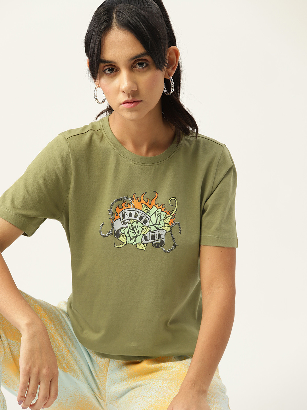 DressBerry Women Olive Green Printed T-shirt