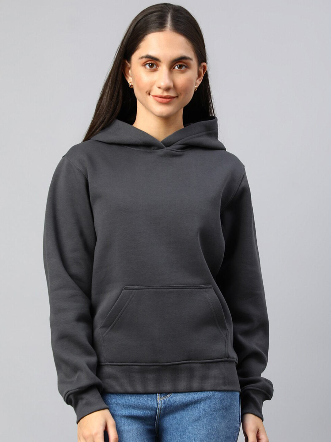 Xpose Women Grey Solid Hooded Wool Sweatshirt