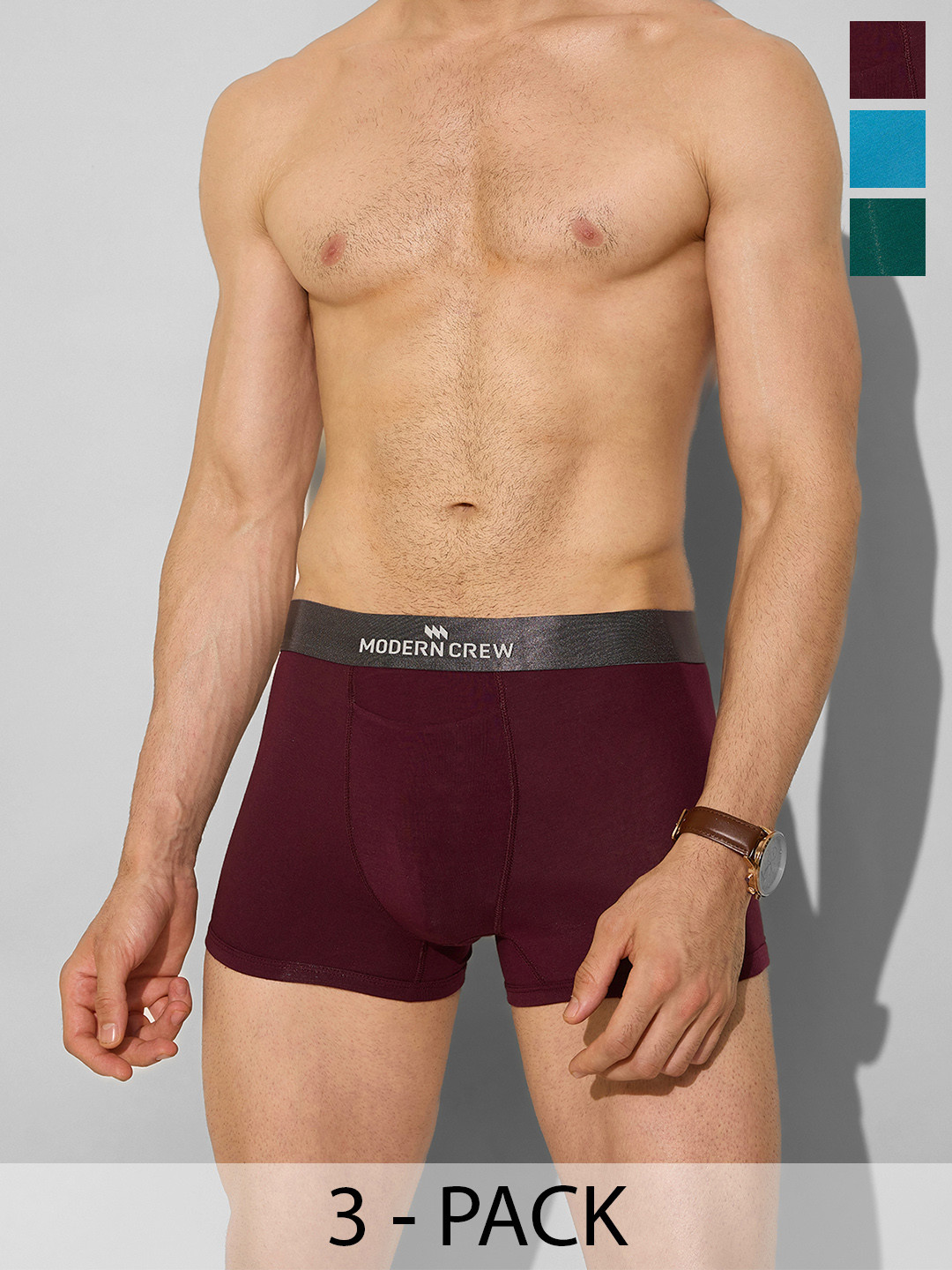 MODERN CREW Men Pack of 3 Premium Micro Modal Short Trunks MC3-ST-002-CL-EG-WR-WT-S