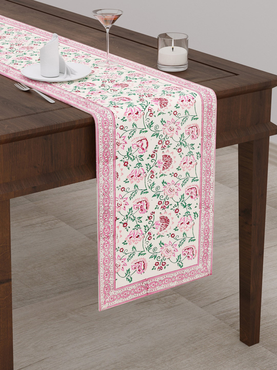 BLOCKS OF INDIA Pink Floral Printed Table Runner