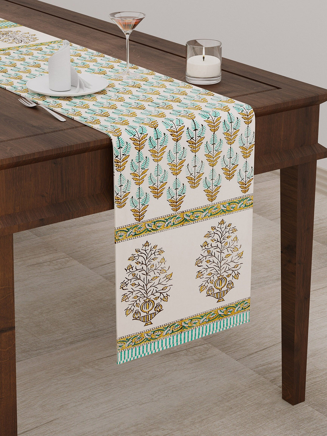 BLOCKS OF INDIA Brown & Sea Green Floral Printed Canvas Table Runner