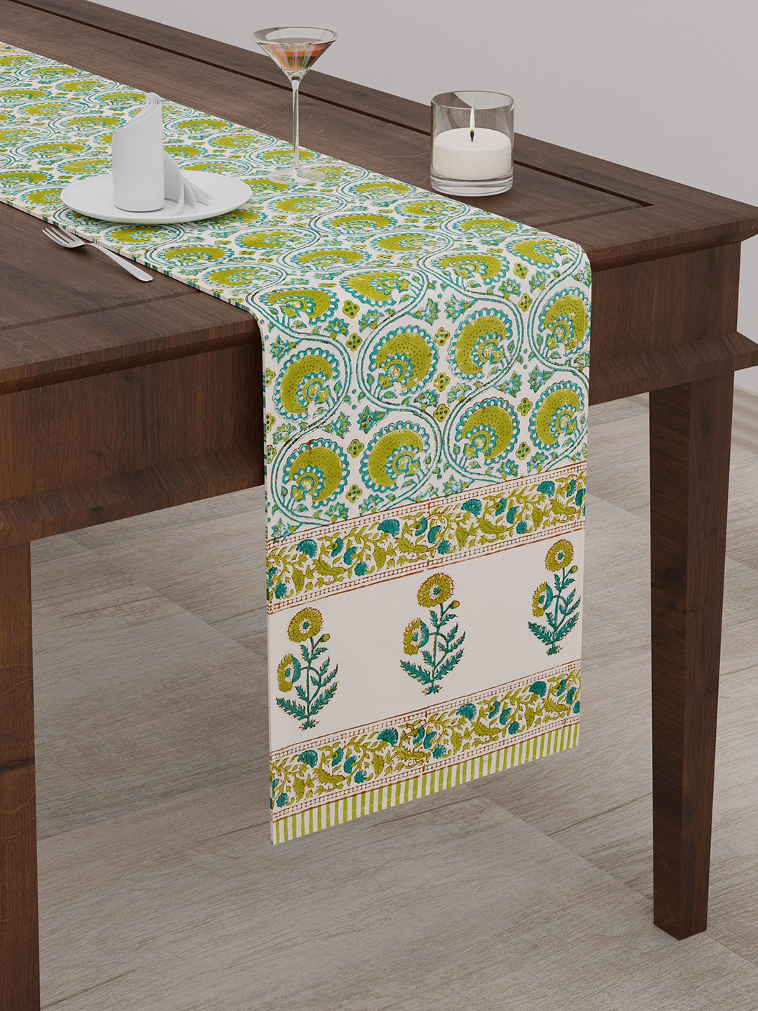 BLOCKS OF INDIA Green Floral Printed Canvas Table Runner