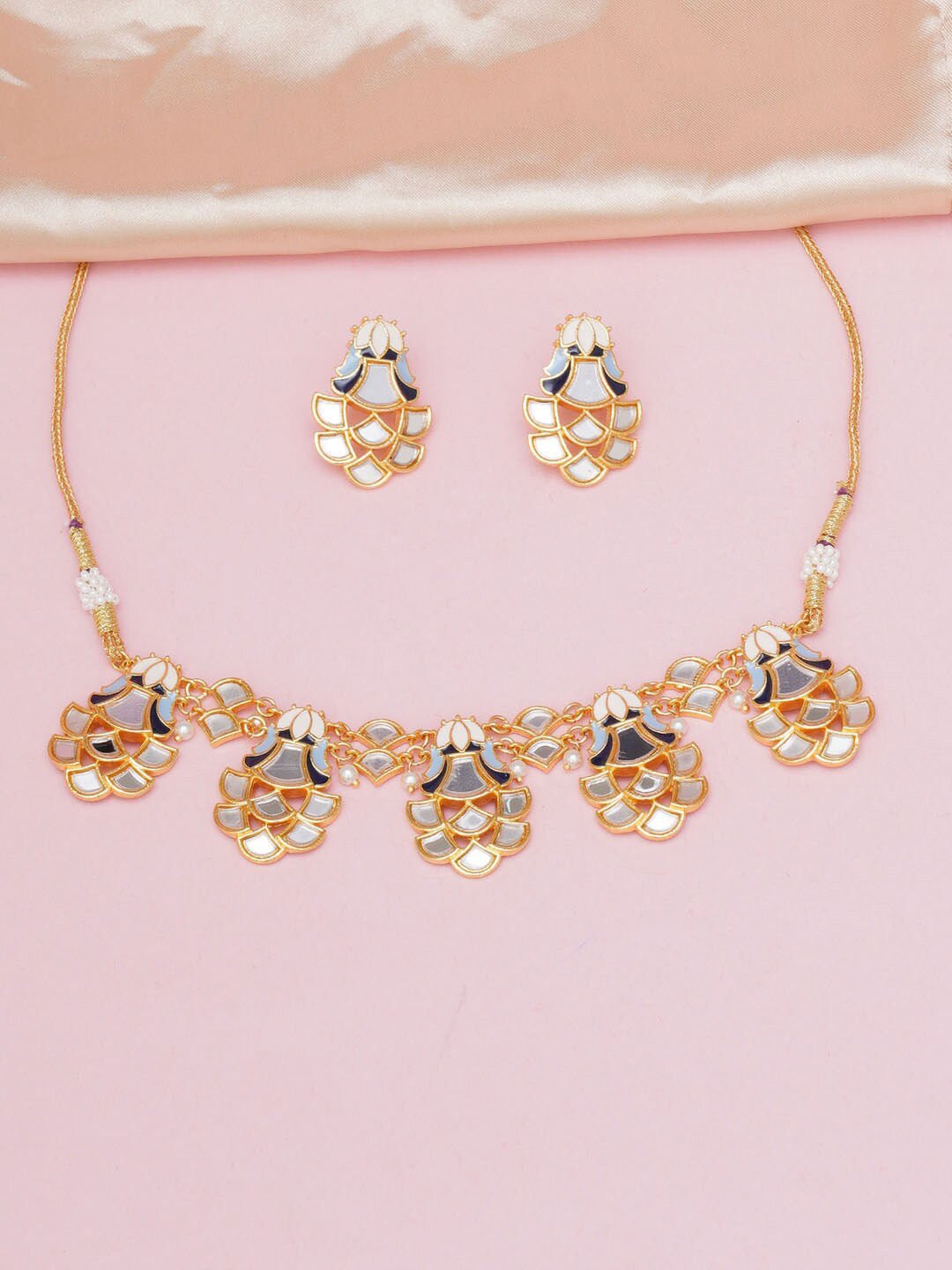 Voylla White & Blue Gold-Plated Pearls Beaded Enamelled Jewellery Set