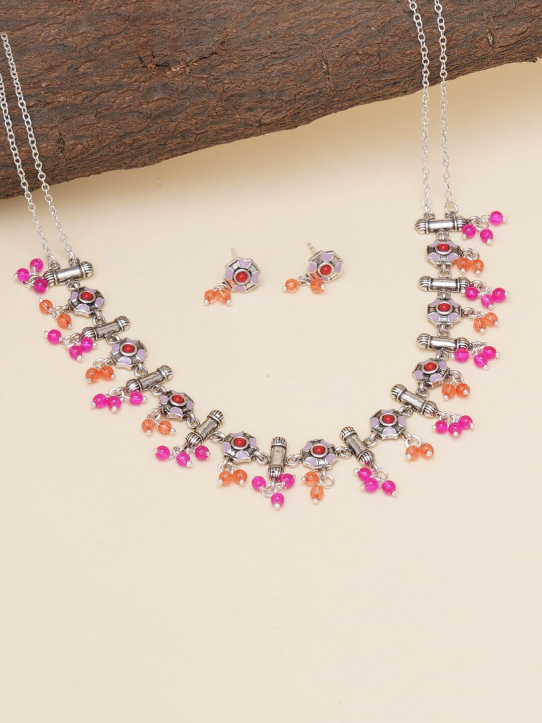 Festive Hues Intricate Enameled Choker Necklace Set with Artisanal Motifs and Pink Beads