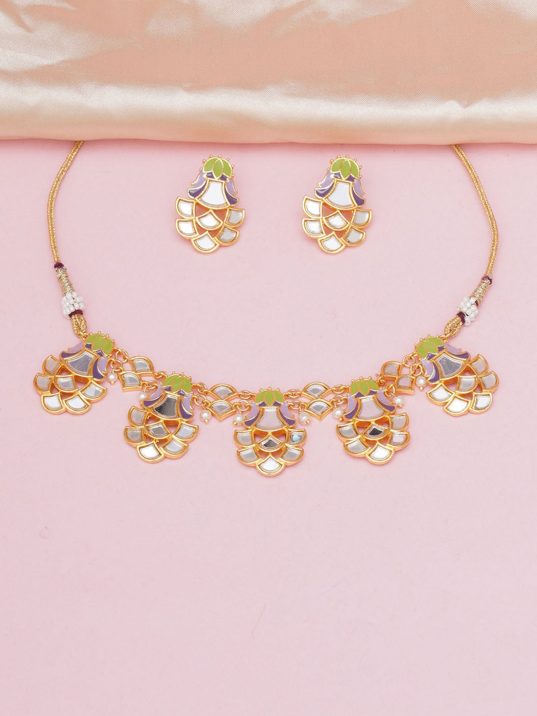 Voylla White & Green Gold-Plated Stone-Studded Jewellery Set