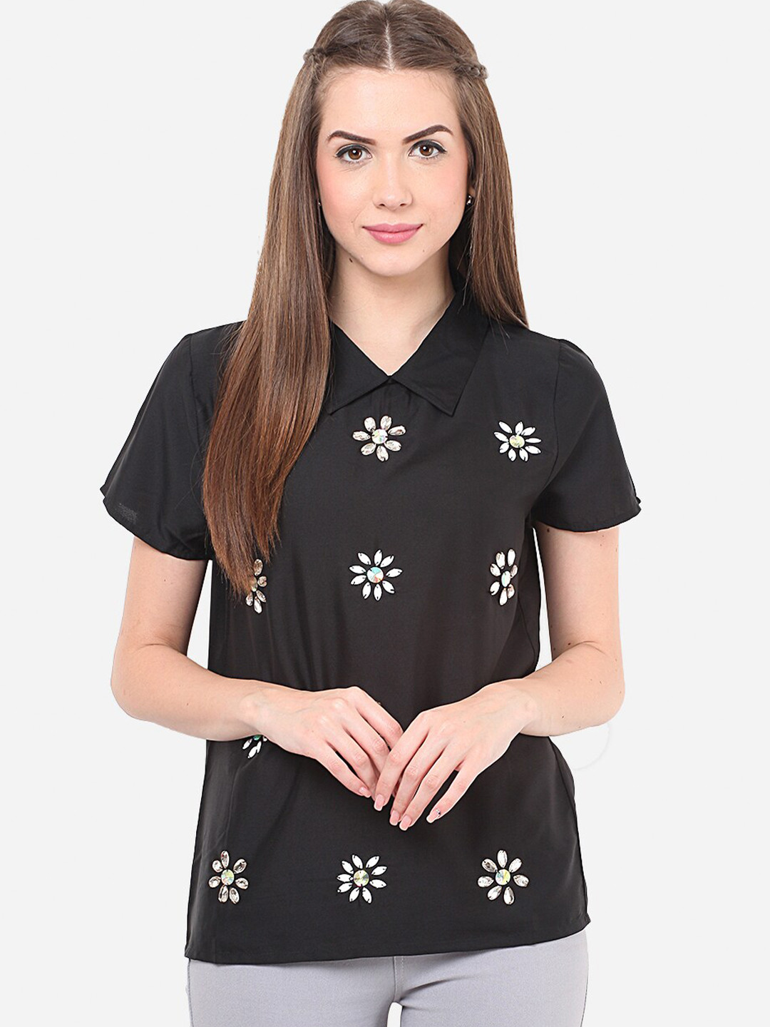 Porsorte Women Black Embellished Studded Top