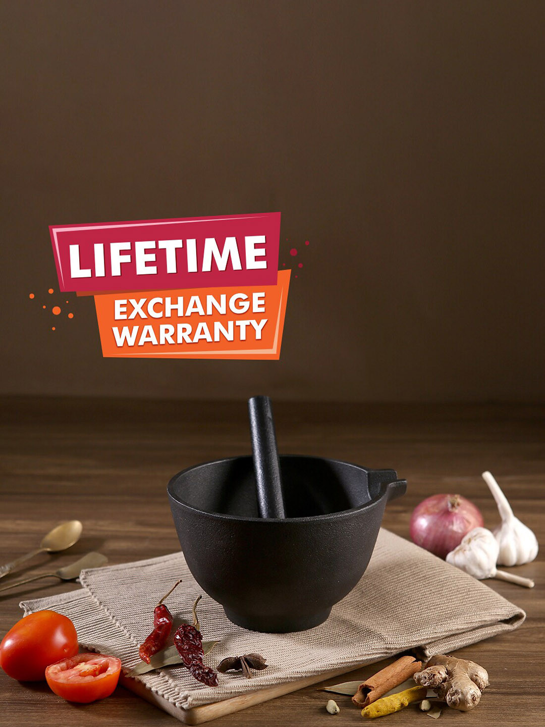 Wonderchef Black Forza Pre Seasoned Cast Iron Mortar & Pestle 1.1L