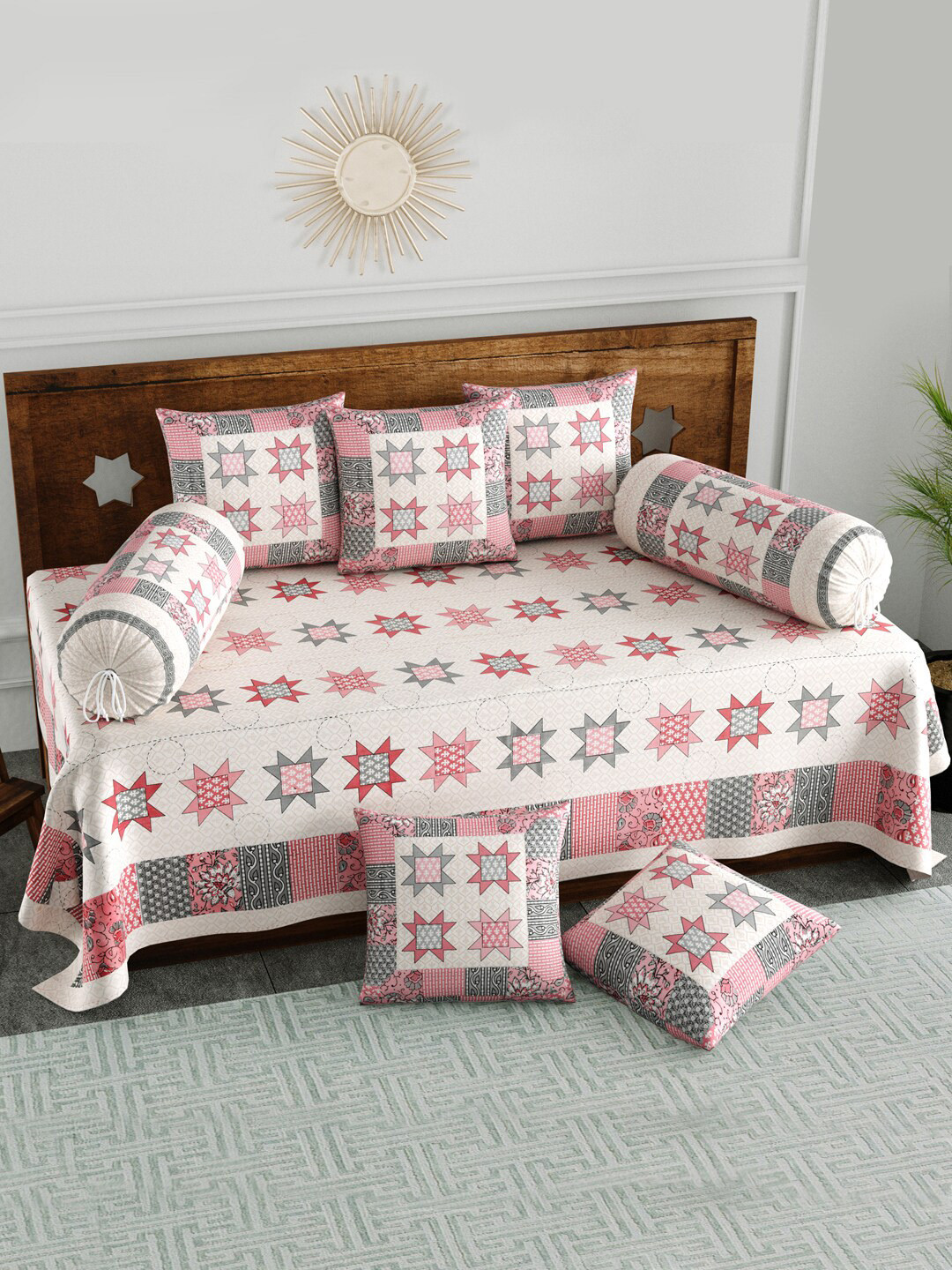 BLOCKS OF INDIA Set Of 8 Pink & White Printed Cotton Diwan Set