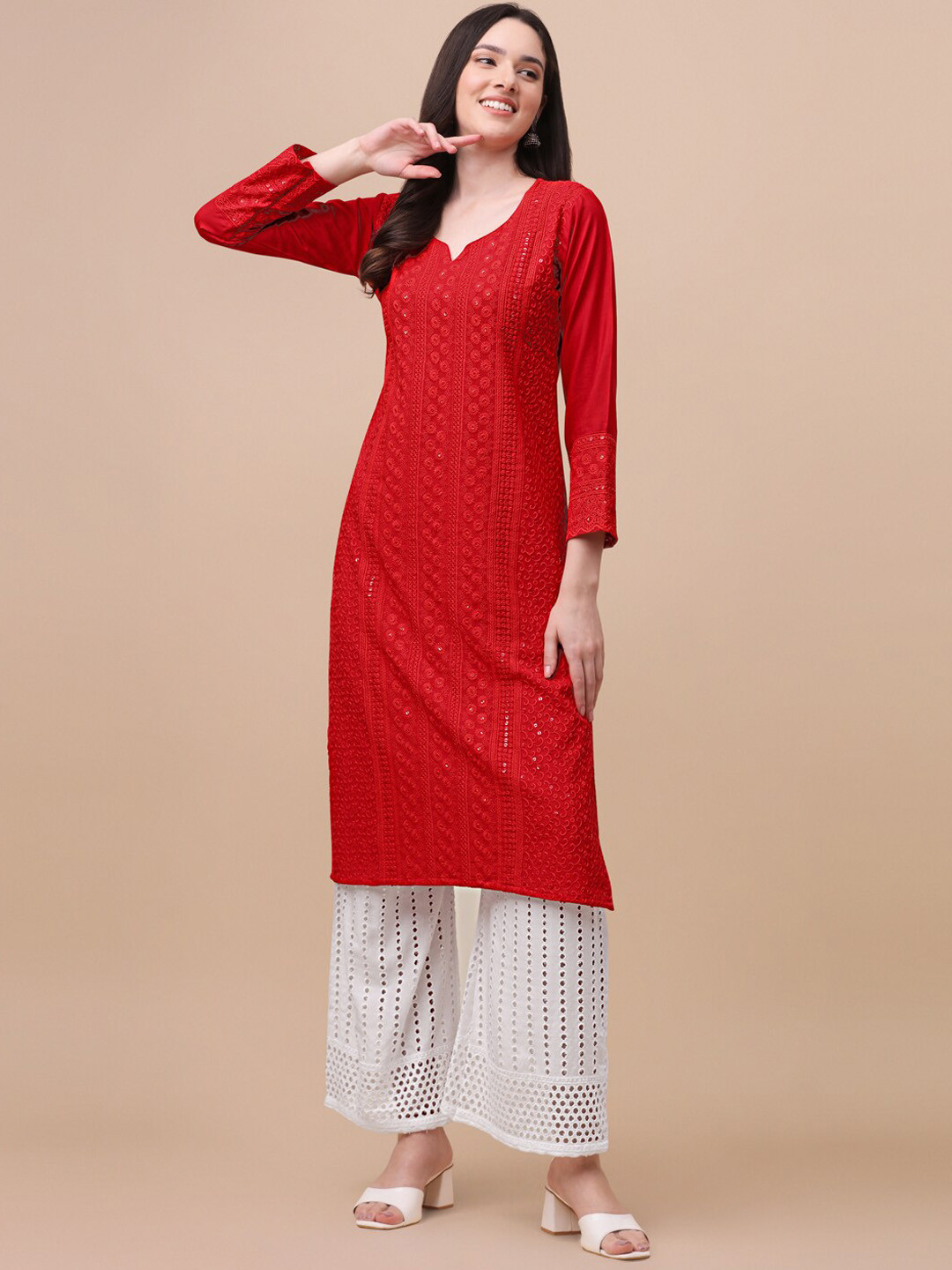 GUFRINA Women Red & White Floral Embroidered Chikankari Kurta with Palazzos