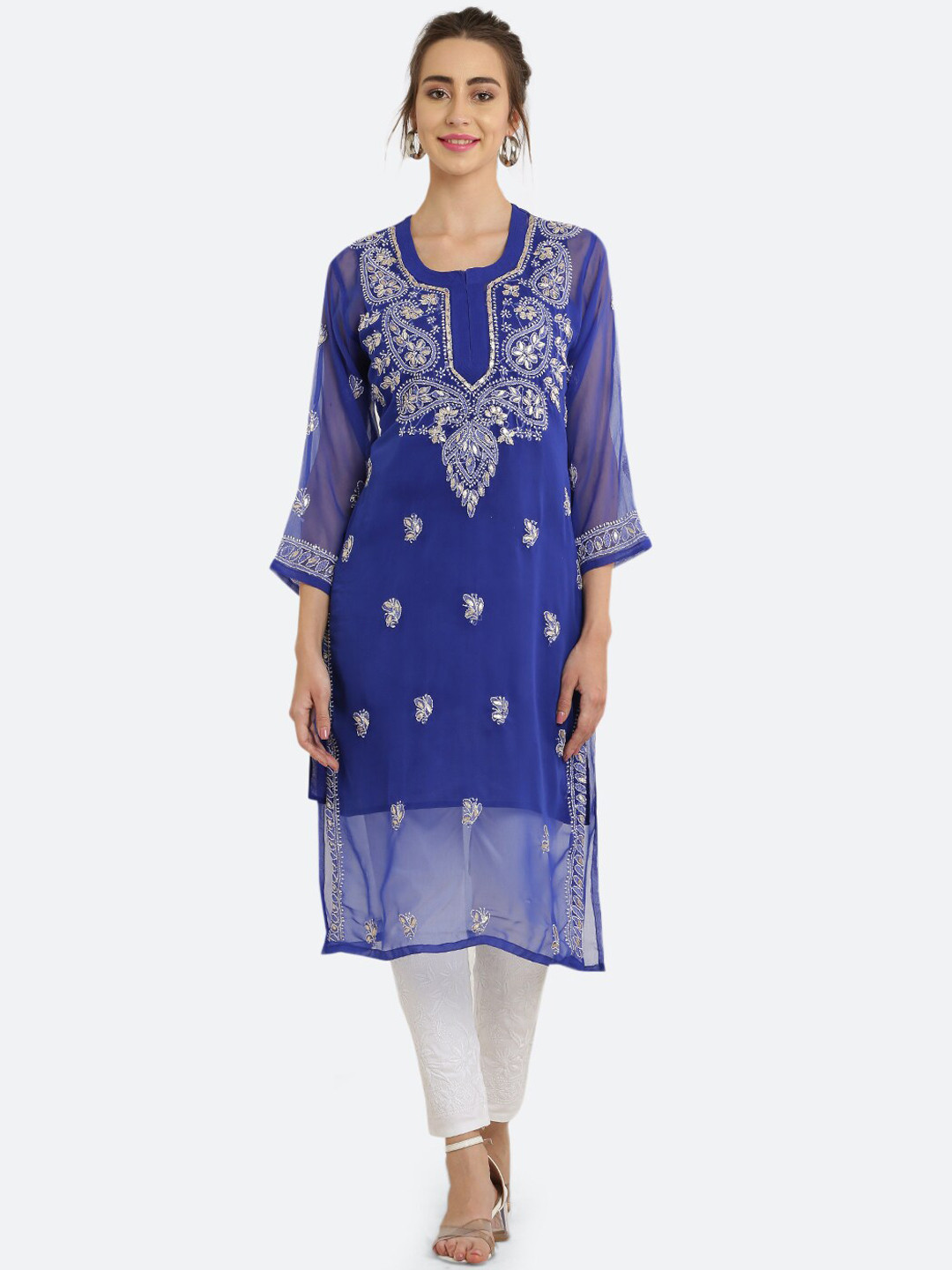 FAWOMENT Square Neck Paisley Embellished Thread Work Georgette Kurta with Inner