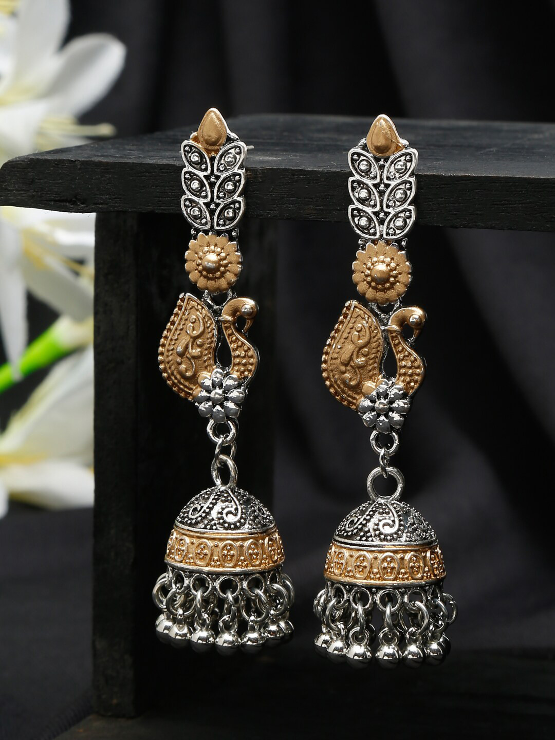 YouBella Women Oxidixed Silver Gunmetal-Toned & Gold-Toned Dome Shaped Jhumkas Earrings