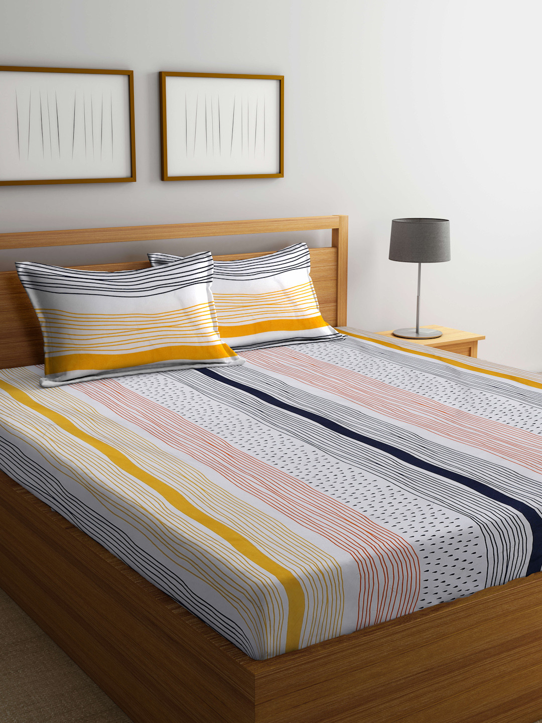 KLOTTHE White Striped 300 TC Fitted Super King Double Bedsheet with 2 Pillow Covers